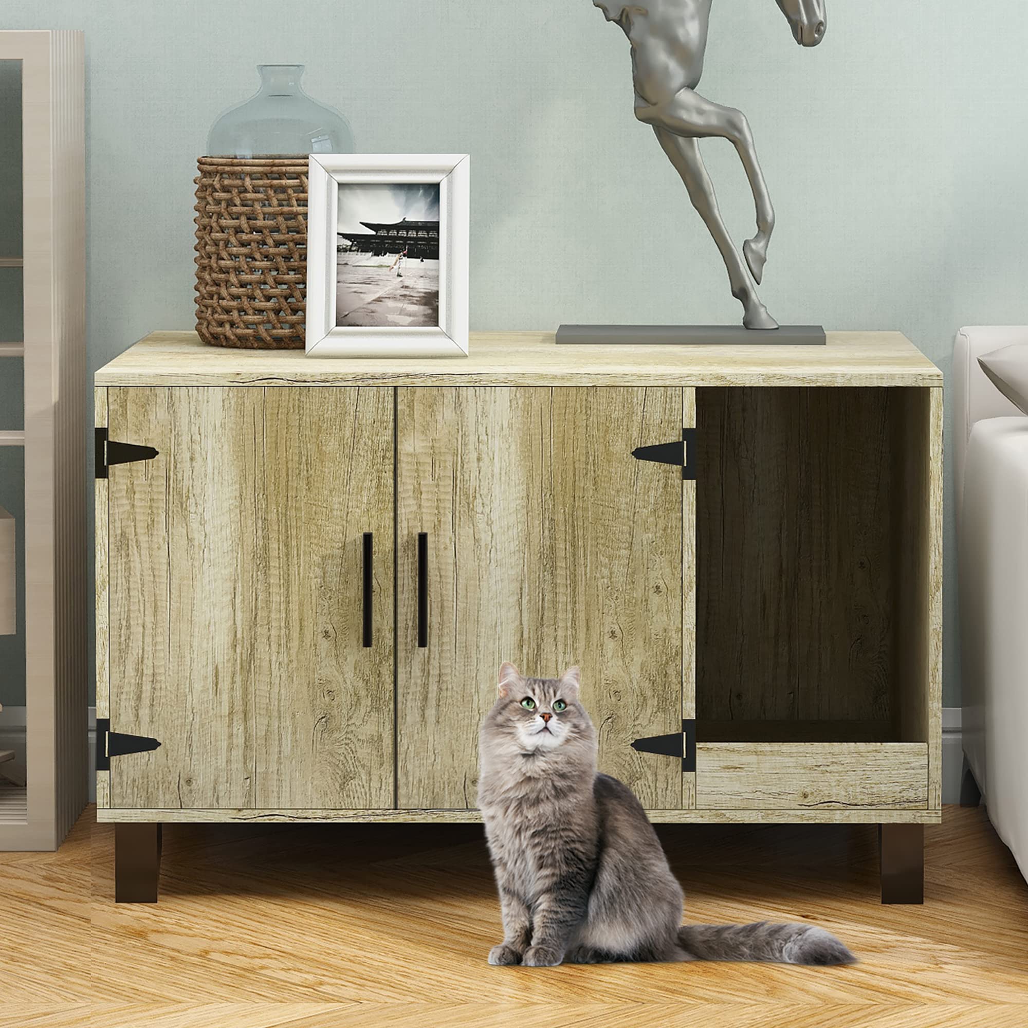 TaoHFE Wooden Cat Litter Box Enclosure Furniture - Hidden Litter Box Cabinet with Scratch Pad, Farmhouse Style, Oak Finish - Perfect for Home Decor & Pet Privacy