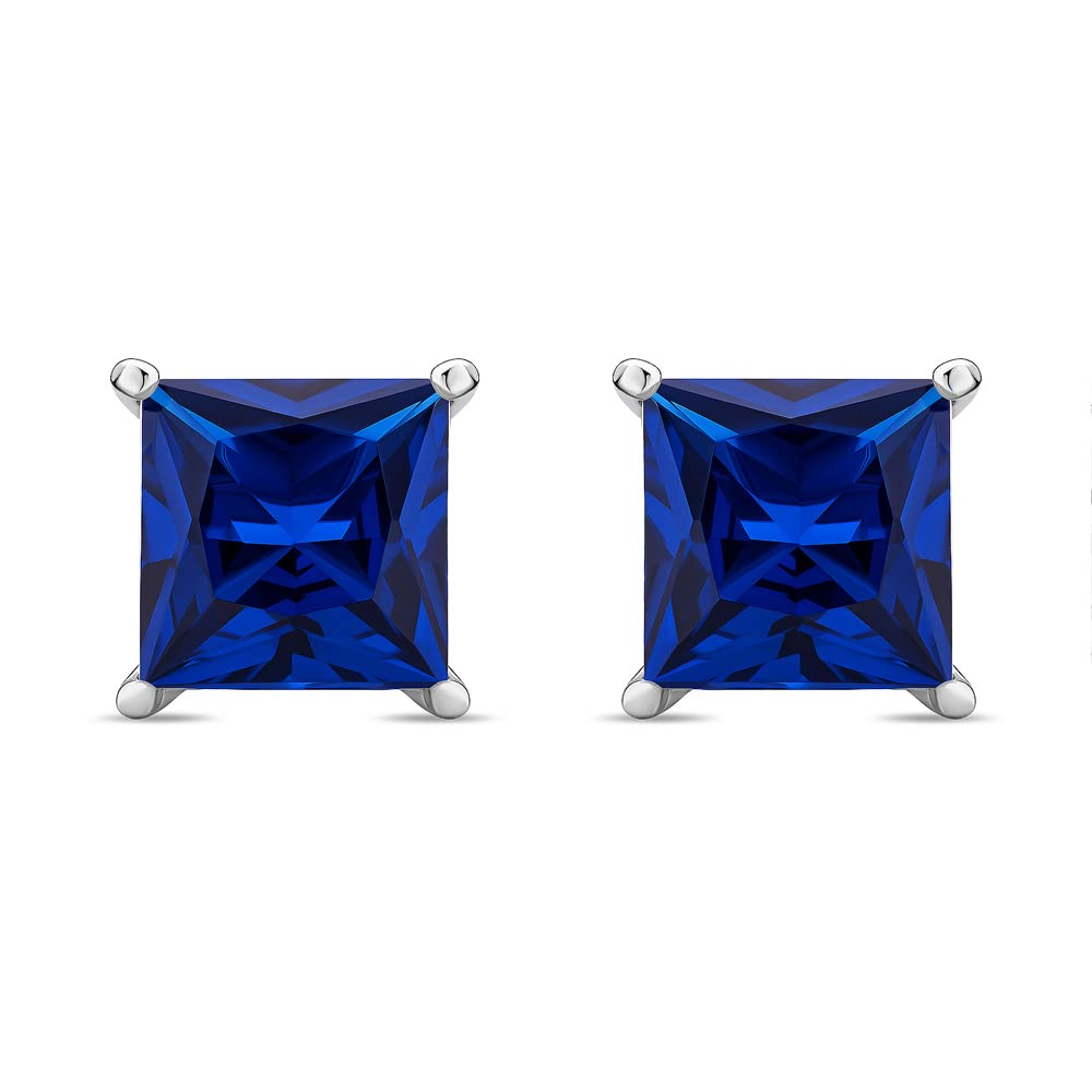 0.25 Inch Square 14K White Gold Stud Earrings for Women - Hypoallergenic Solid 585 Gold with Sapphire/Ruby/Emerald Gemstones - Perfect for Everyday Wear, Office, Parties & Special Occasions - Gift Ready in Jewelry Box