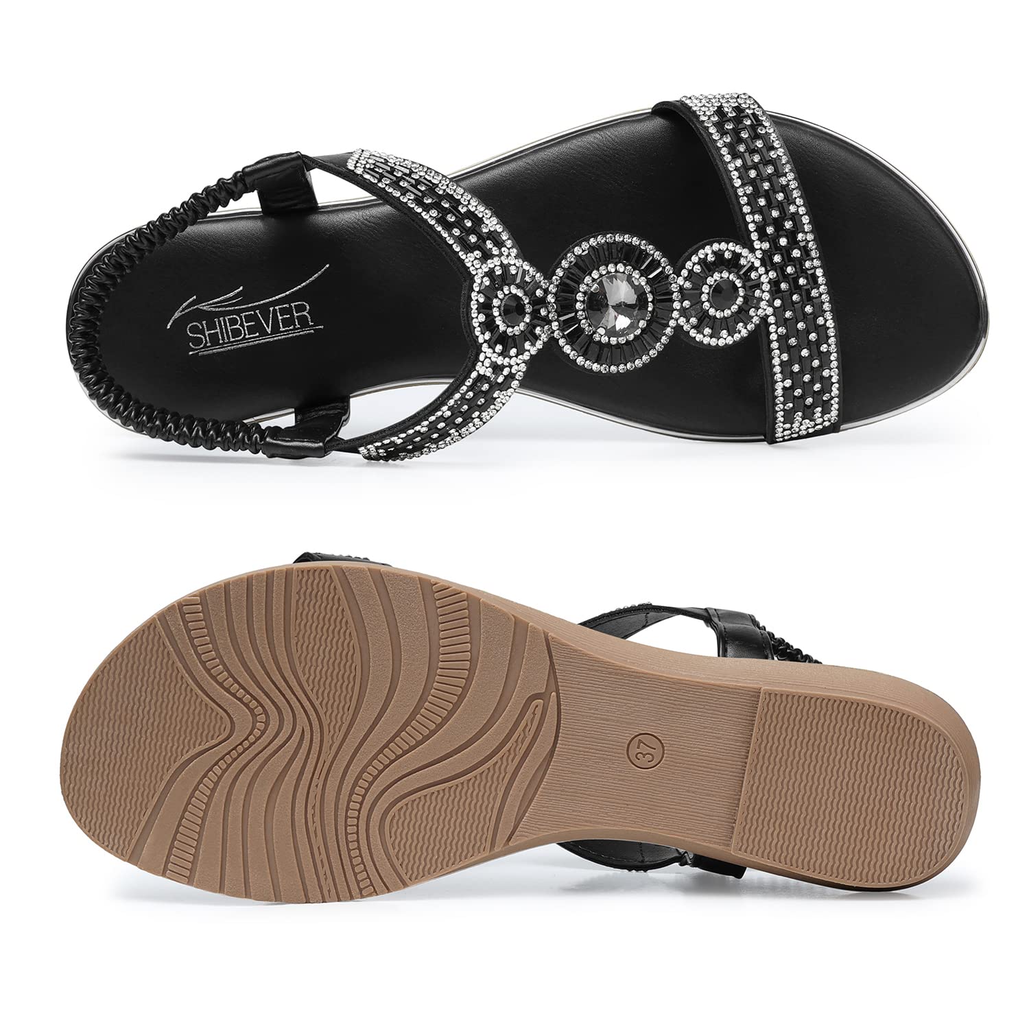 SHIBEVER Women's Rhinestone Bling Dressy Sandals - Comfortable Summer Flat Sandals with Ankle Strap for Casual Wear, Beach, Wedding & Party Occasions