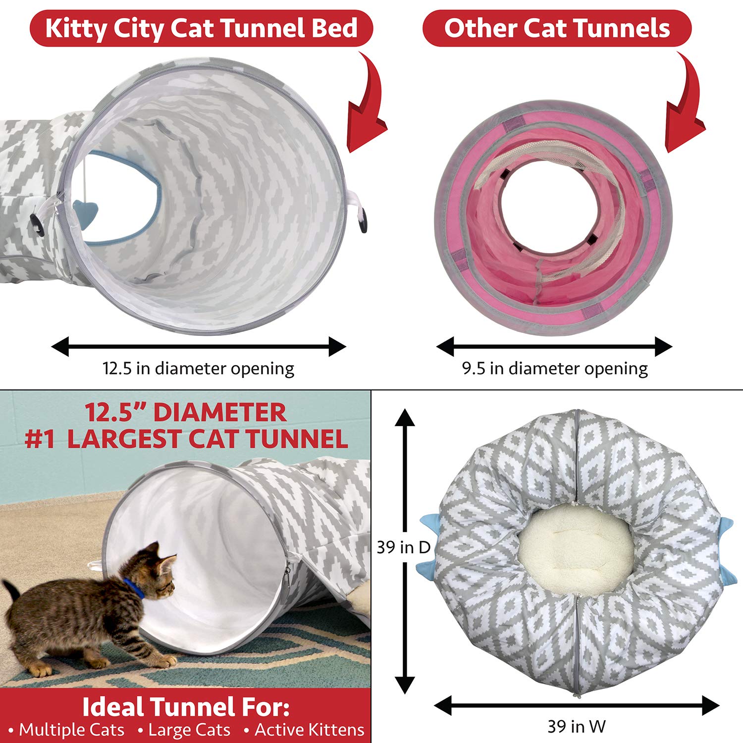 Kitty City Large Cat Tunnel Bed - Pop Up Cat Bed with Play Tunnel for Indoor Cats | Cozy Hideaway & Fun Play Space for Kittens & Adult Cats