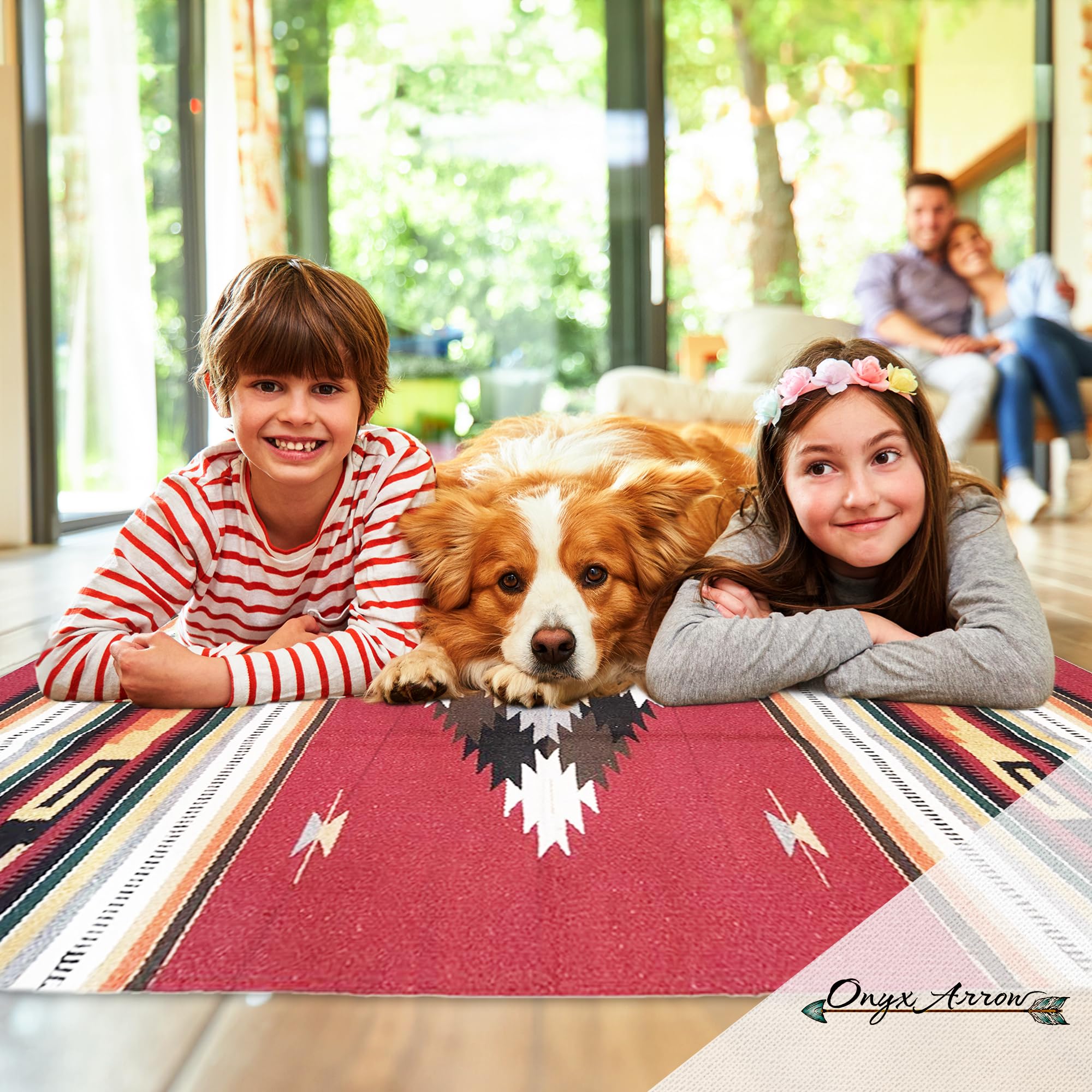 Southwest Boho Washable Area Rug - Indoor/Outdoor Farmhouse Decor Rug - Western Style for Living Room, Dining, Bedroom - Dark Red/Multi Diamond Pattern (32