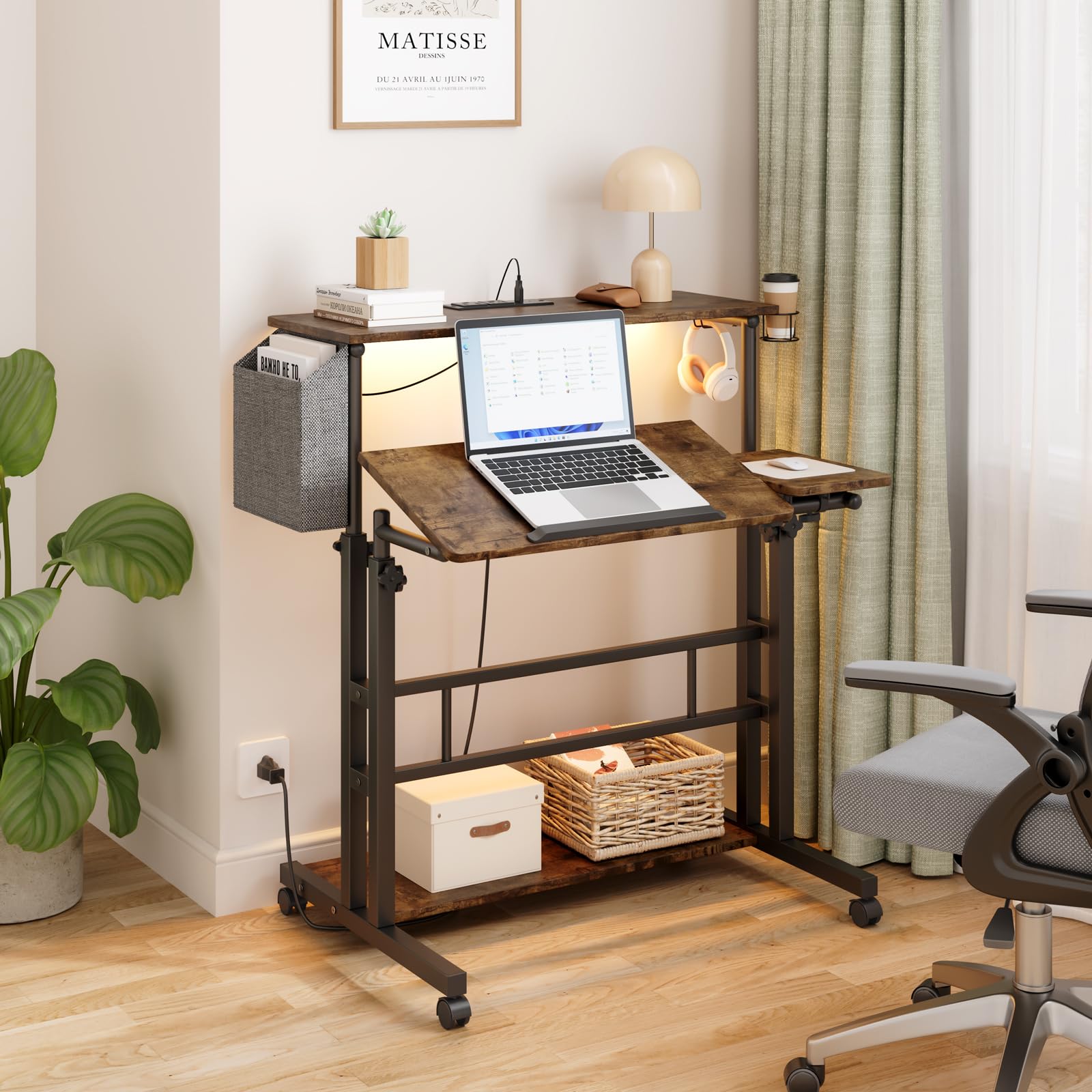 Dripex Adjustable Height Mobile Standing Desk with Power Outlets, LED Strip Lights & Storage - Rolling Computer Table with Cup Holder, Hook & Storage Bag - Perfect for Home Office, Gaming & Art Studio Workspaces