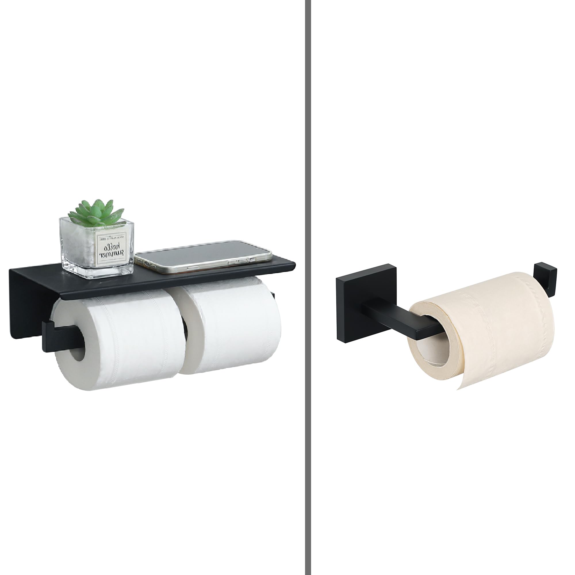 Stainless Steel Toilet Paper Holder with Shelf - SUS304 Bathroom Tissue Roll Dispenser, Wall Mount or Adhesive Installation, Matte Black - Perfect for Modern Bathrooms, Powder Rooms & RVs