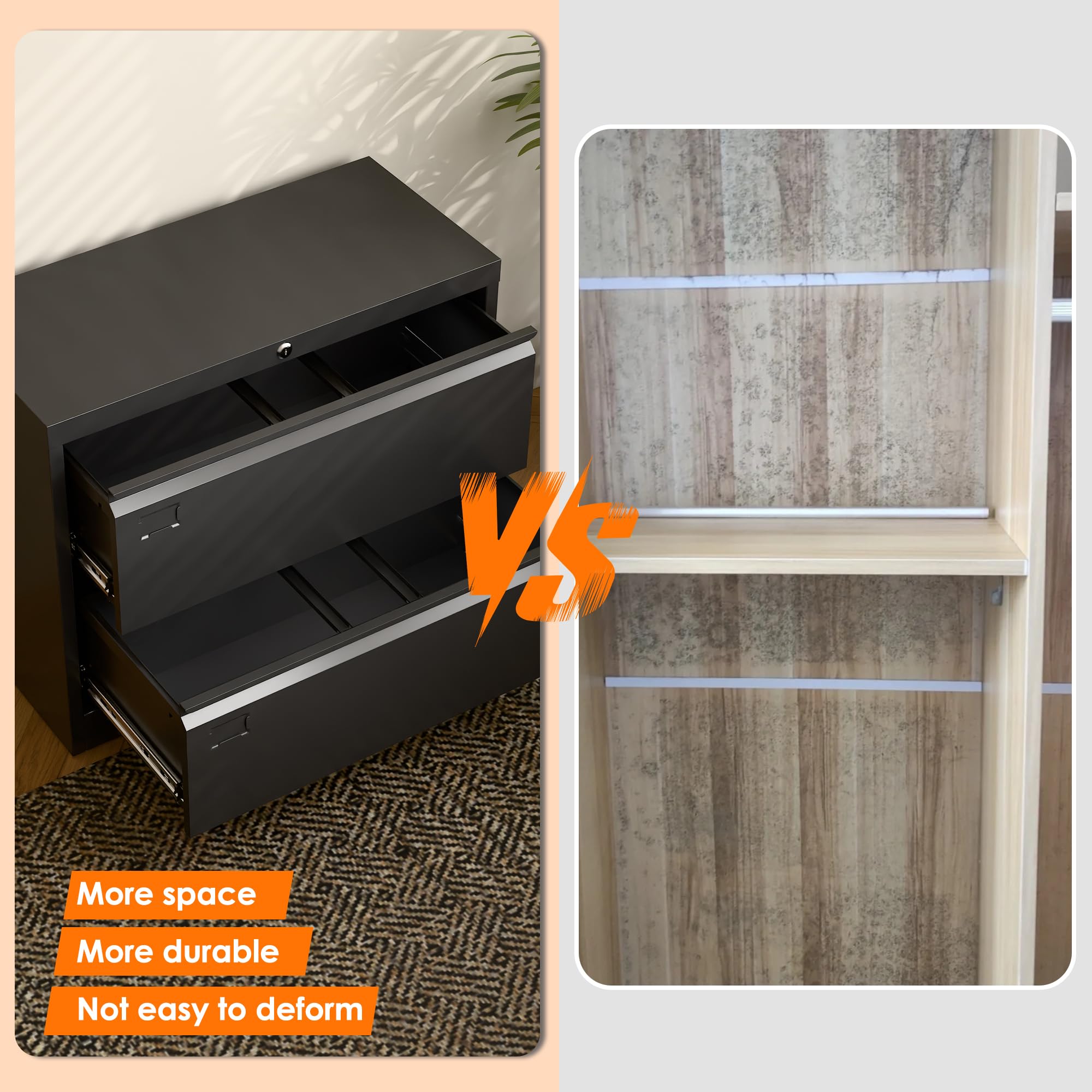 METAN 2-Drawer Metal Lateral Filing Cabinet - Locking Steel File Storage for Legal/Letter/A4 Documents - Black Home Office Organizer | Perfect for Office, Study Room & Home Workspace Organization