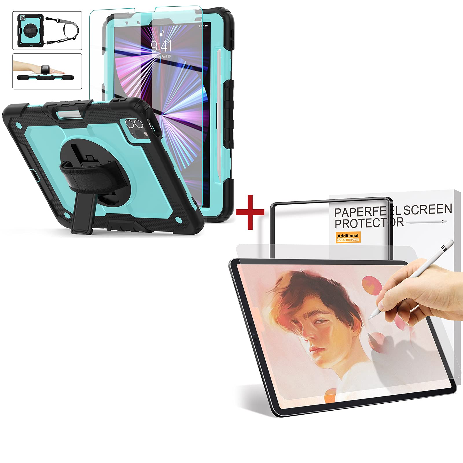 Ambison iPad Pro 11 Case (2021/2020/2018) & iPad Air 4 (2020) Protective Cover with 9H Tempered Glass & Paperfeel Screen Protector - Perfect for Work, Study, and Travel
