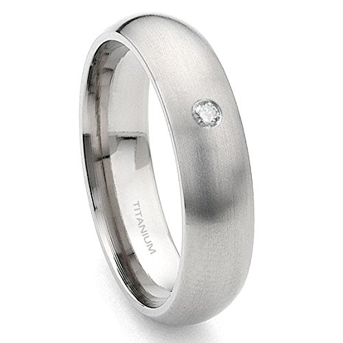6mm Titanium Solitaire Diamond Wedding Band Ring for Men - Satin Finish Dome Design - Perfect for Engagement, Anniversary & Special Occasions