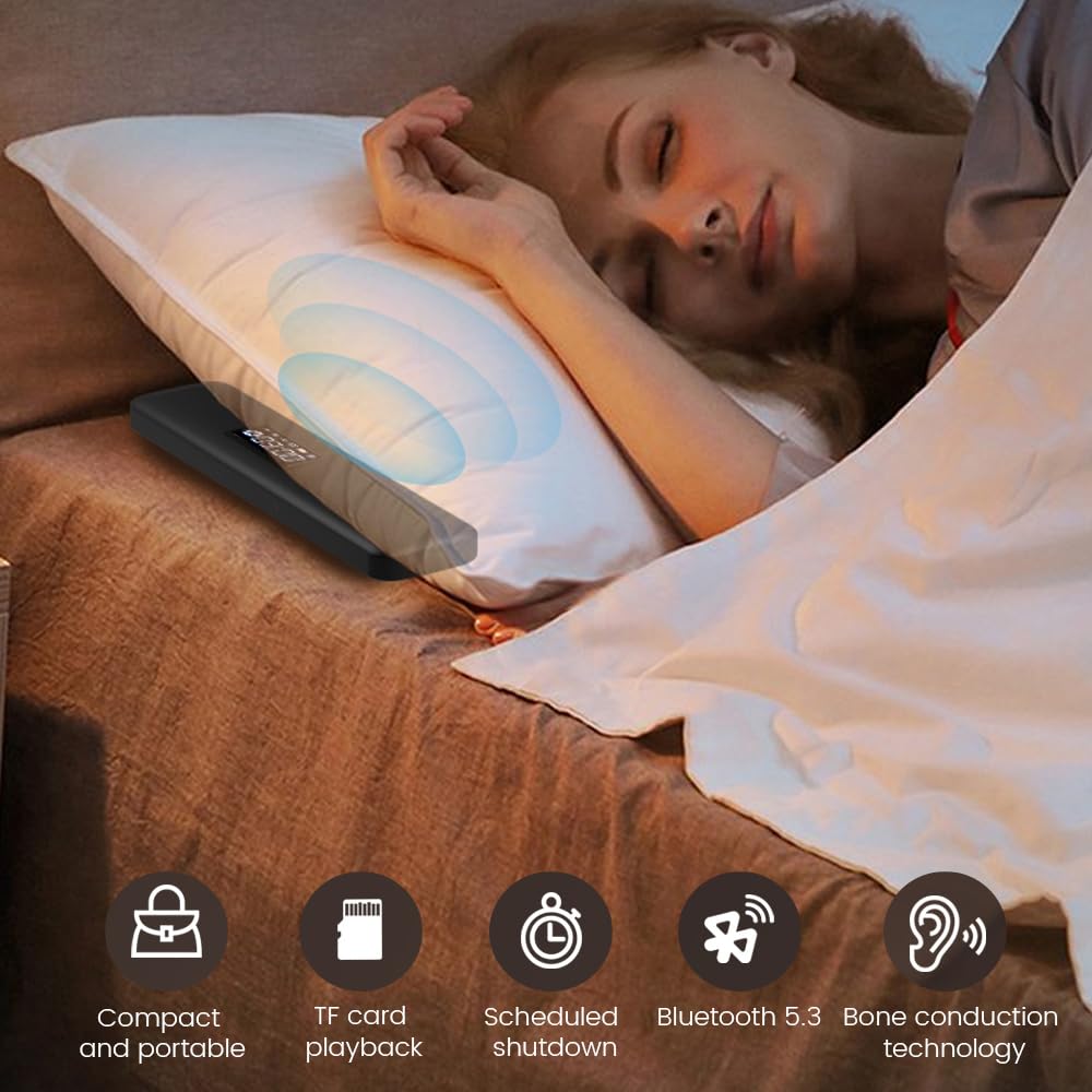 Fesoklaf Bluetooth Pillow Speaker with LED Display - Mini Wireless Bone Conduction Speaker with Volume Control, Sleep Sound Machine, TF Card Support - Perfect for Bedtime Relaxation, Meditation & White Noise Therapy (Black)