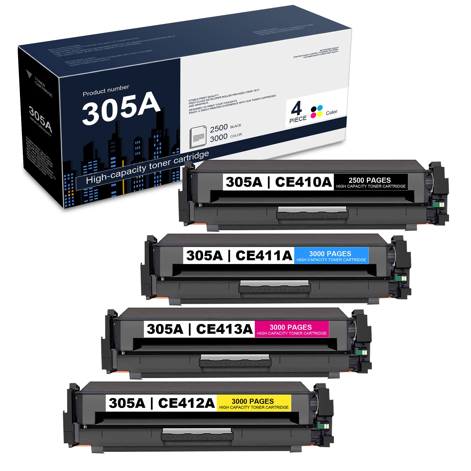4-Pack Remanufactured Toner Cartridges (1BK/1C/1M/1Y) CE410A/CE411A/CE412A/CE413A - Compatible with HP Pro 300 M351, M375, Pro 400 M451, M475 Printers - High Yield Replacement for Home & Office Printing Needs