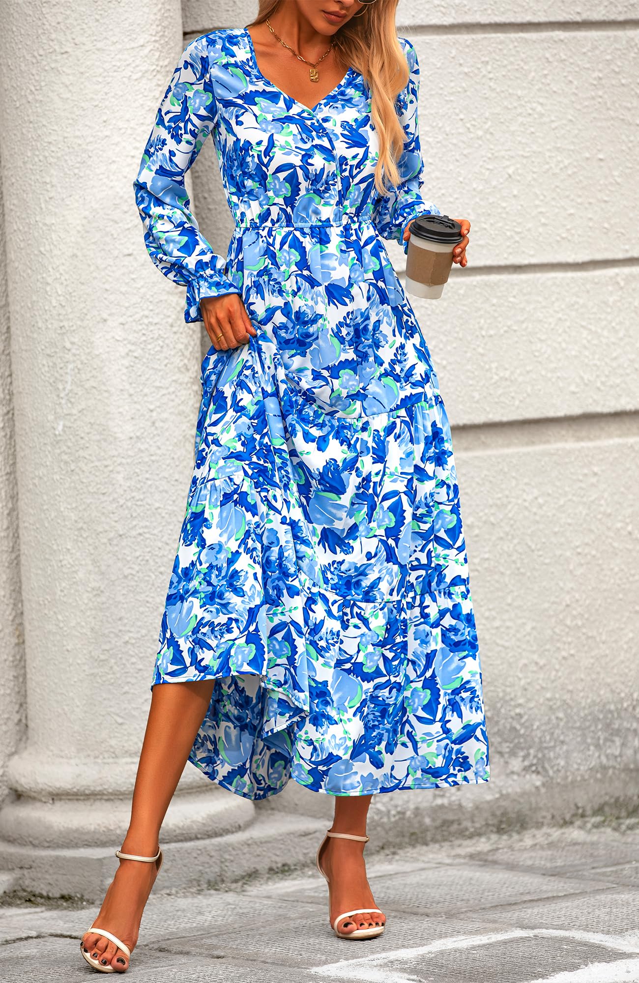 BTFBM Women's Floral Boho Maxi Dress 2025 - Long Sleeve V-Neck Casual Spring Dress for Wedding Guest, Beach, Party & Everyday Wear