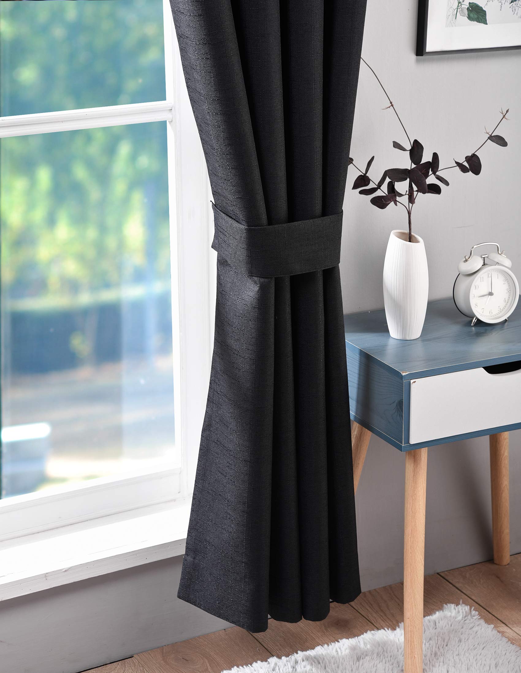 SINGINGLORY 100% Blackout Thermal Insulated Curtains - 52x84 Inch Long Linen Textured Grommet Window Drapes (2 Panel Set with Tiebacks) for Bedroom & Living Room - Perfect for Light Blocking, Privacy & Energy Efficiency