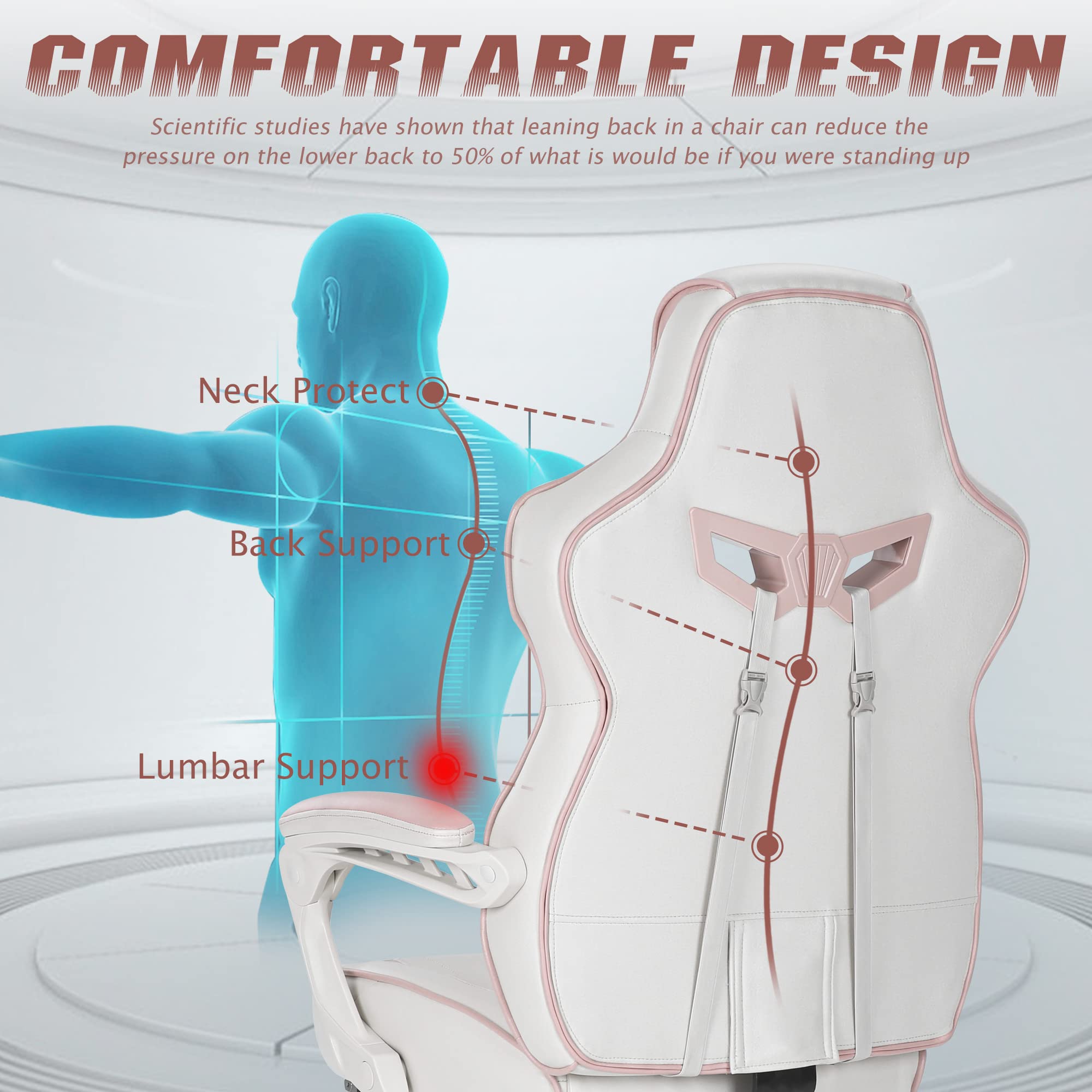 Vonesse Pink Gaming Chair for Girls & Women - Ergonomic High Back Computer Gaming Chair with Reclining Feature, Footrest & Massage - Perfect for Home Office, Streaming & Esports (White/Pink)