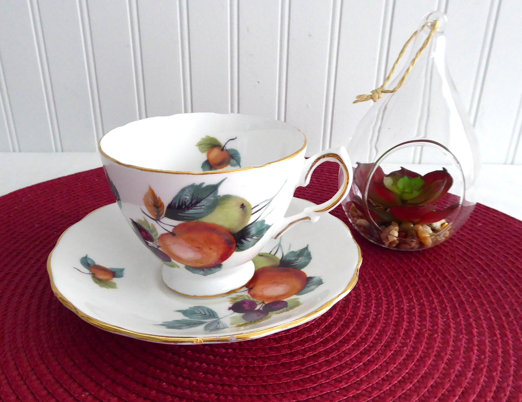 Vintage Royal Vale English Bone China Fruit Cup and Saucer Set - 1960s Apple & Berry Floral Design - Perfect for Afternoon Tea, Collectible Tableware, and Elegant Dining Decor