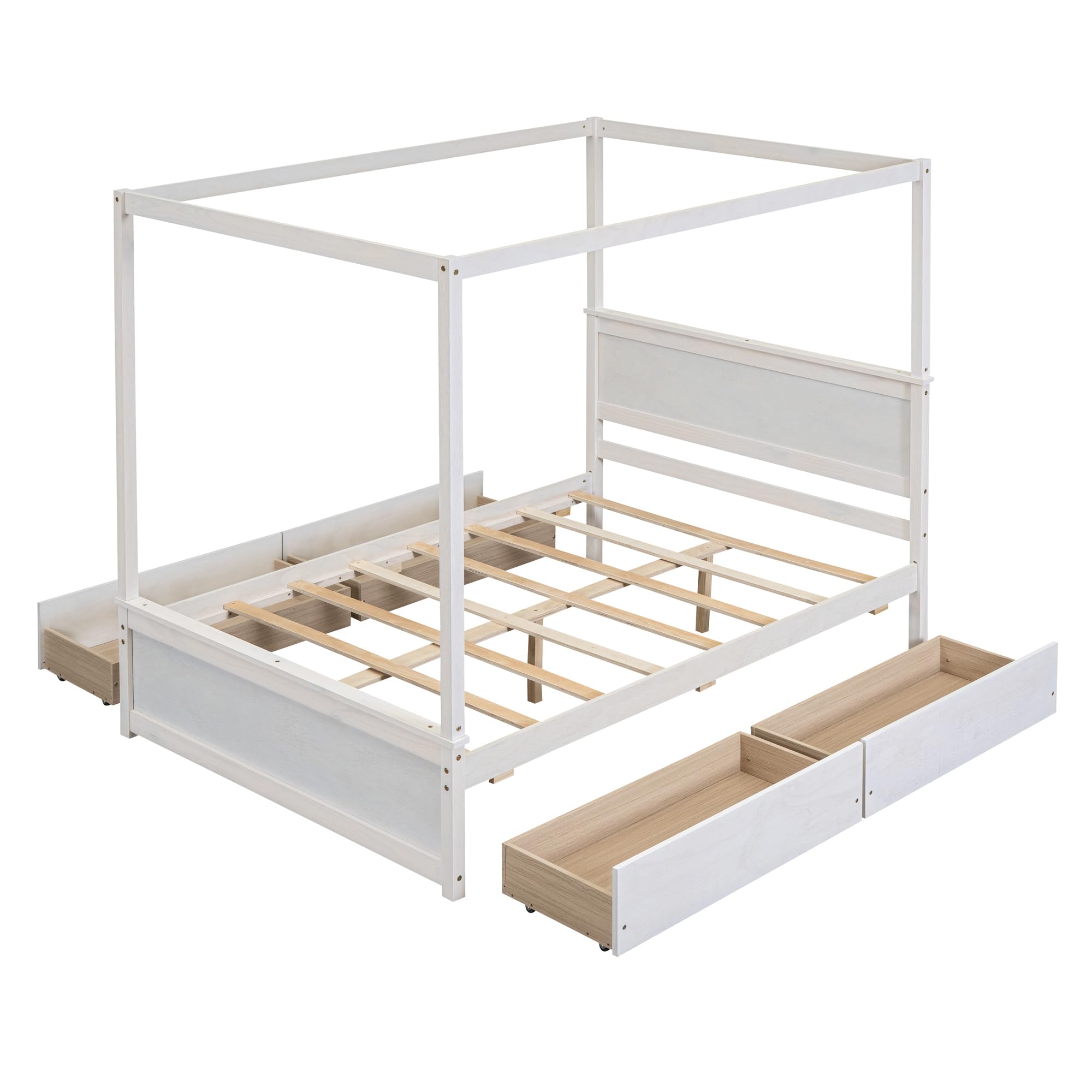 Full Size Canopy Bed with 4 Storage Drawers & Headboard - Wooden Platform Bed Frame, Four Poster Bed in Brushed White - Perfect for Master Bedroom, Guest Room & Small Space Storage Solutions