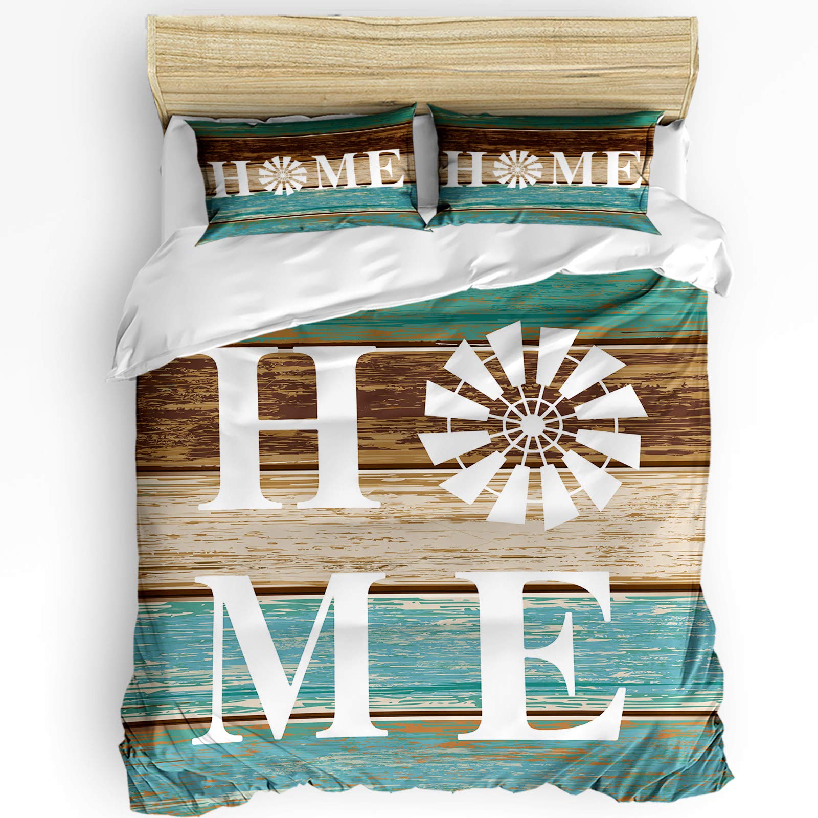 3-Piece Bedding Set - California King Size Comforter & Quilt Cover with Farm Windmill Design, Retro Wooden Plank Texture Duvet Cover + 2 Pillow Shams for Teens, Adults & Kids - Cozy Farmhouse Bedroom Decor for Master Bedroom, Guest Room or Nursery