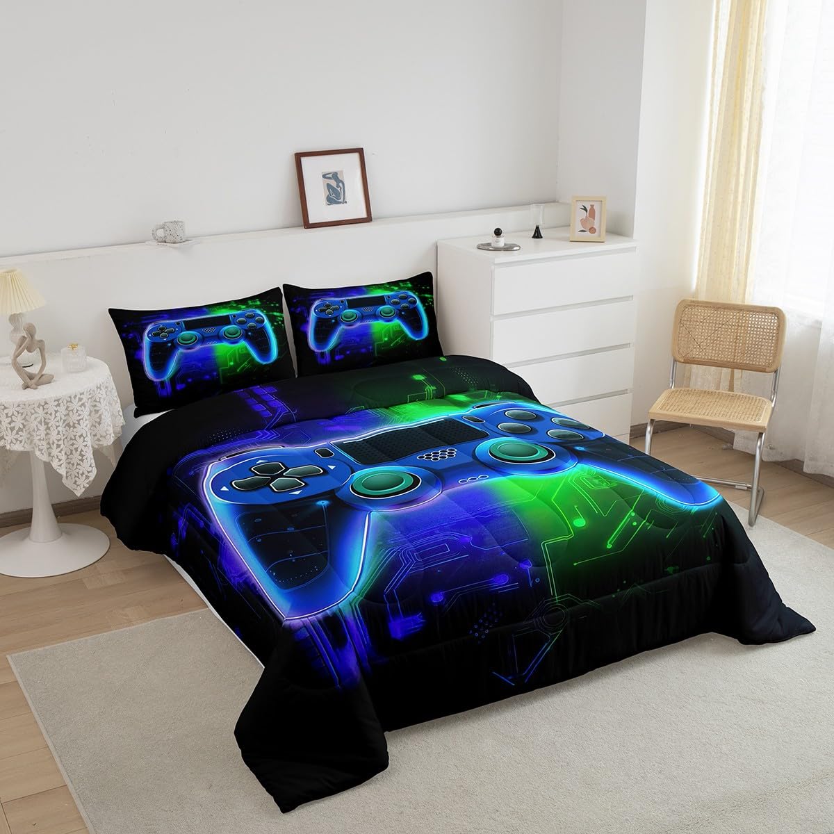 Cool Gaming Comforter Set for Boys - Full Size Video Game Controller Bedding with 2 Pillowcases | Blue & Green Gamer Duvet Cover | Perfect for Kids' Bedroom, Sleepovers & Gaming Themed Decor
