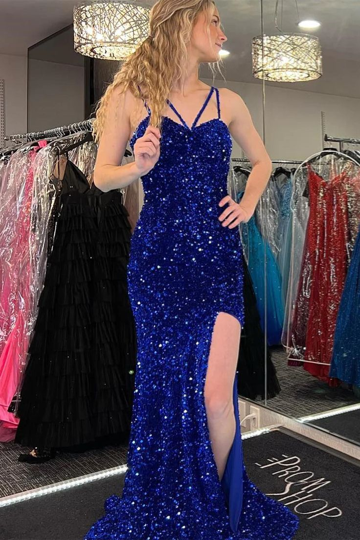 Elegant Royal Blue Mermaid Prom Dress with Halter Straps & Sequins - Long Evening Gown with High Slit for Homecoming, Pageants & Formal Events (Style 2227)