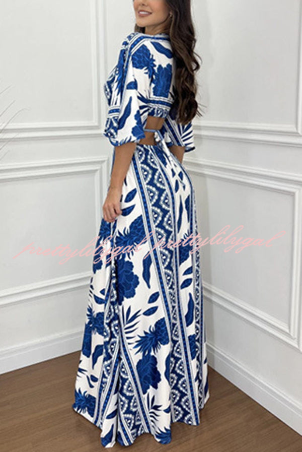 Wilma Unique Print Cutout Elastic Waist Tie Up Kimono Sleeve Maxi Dress - Women's Flowy Summer Beach Cover Up Dress for Vacation, Party & Boho Fashion