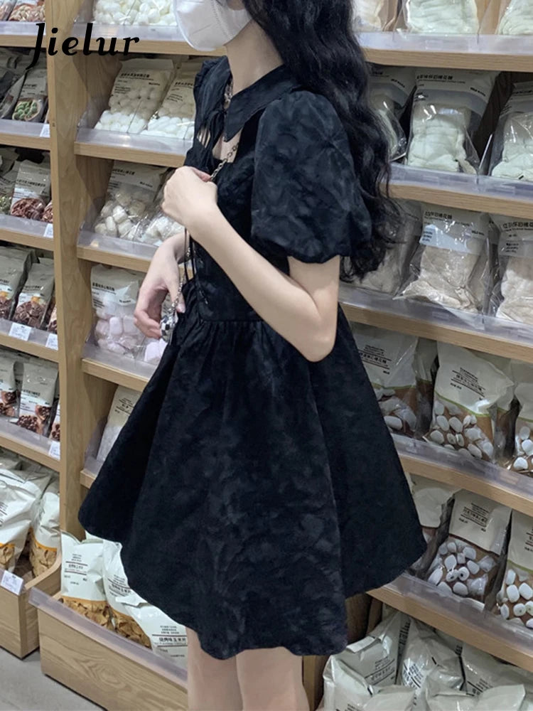 Elegant Black French Hollow Out Slim Women's Dress - High Street Puff Sleeve Pleated Solid Color Evening Gown | Perfect for Cocktail Parties, Date Nights & Formal Events
