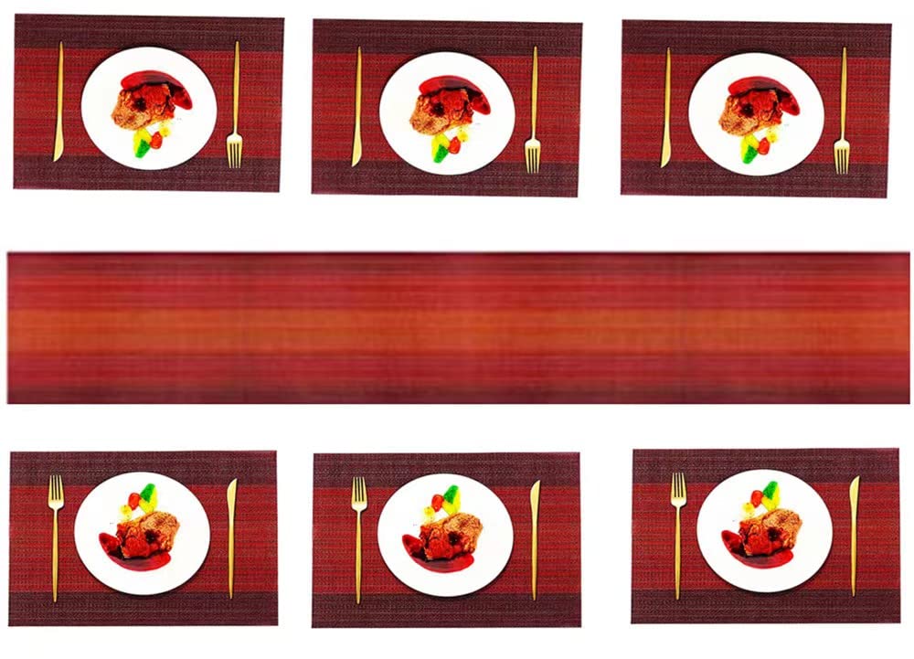 WANGCHAO 6-Piece Vinyl Woven Placemats and Table Runner Set - Waterproof Dining Table Mats for Home Kitchen & Party Decor (Ombre Red) - Perfect for Everyday Meals, Dinner Parties, and Holiday Gatherings