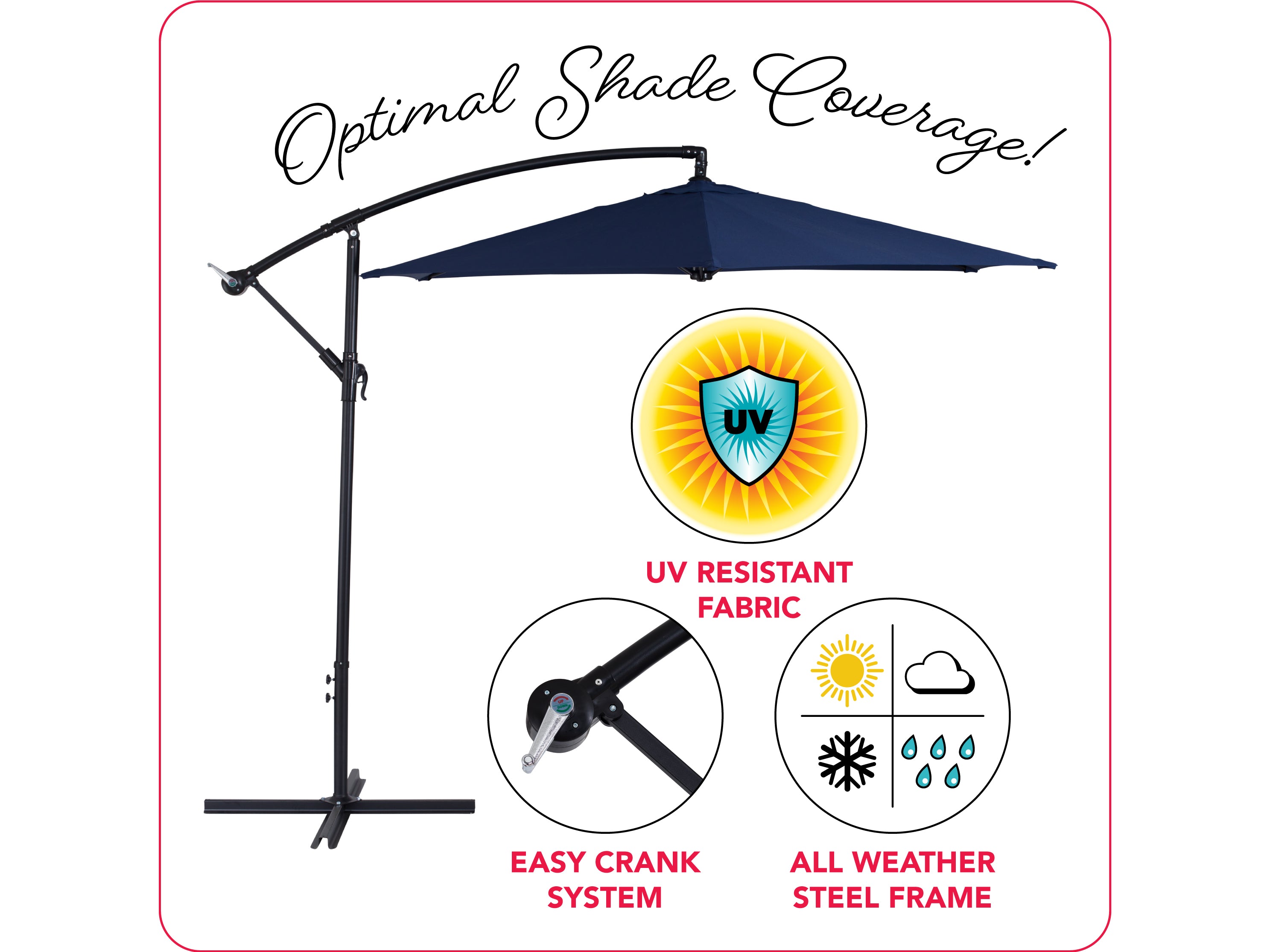 9ft Navy Blue Cantilever Umbrella - Heavy Duty Outdoor Patio Umbrella with Wind Vent for Garden, Poolside & Backyard - Perfect for Sun Protection and Outdoor Relaxation