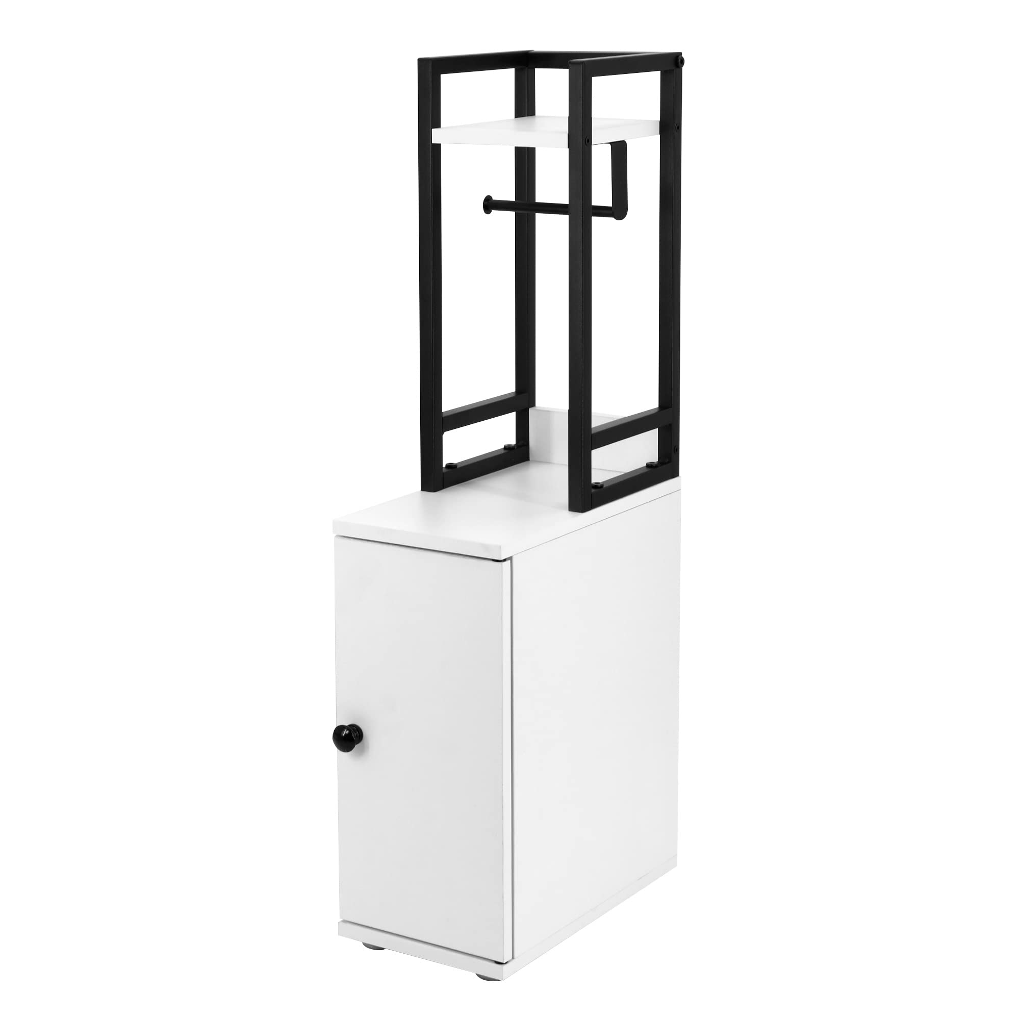 Small Narrow Bathroom Storage Cabinet with Toilet Paper Roll Holder - Slim Metal Frame Bath Organizer for Toilet Paper & Bath Essentials - Perfect for Compact Bathrooms, Powder Rooms & RV Baths - White