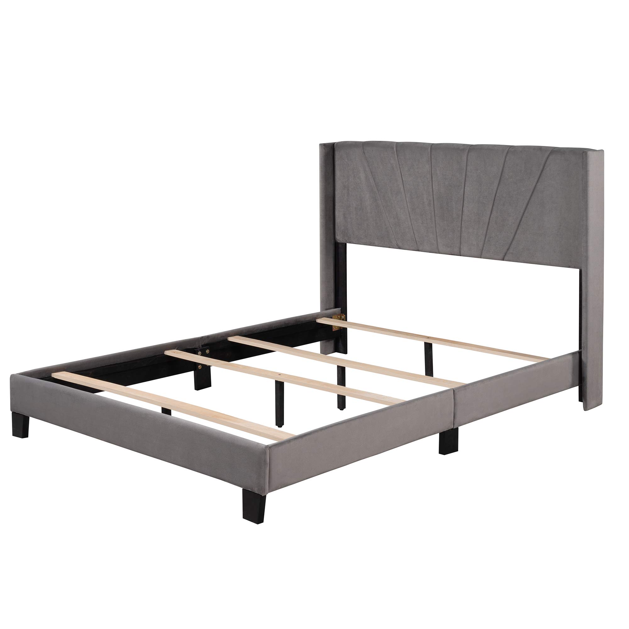 P PURLOVE Queen Velvet Upholstered Platform Bed Frame with Headboard - No Box Spring Needed, Soft Gray Luxury Bed for Master Bedroom & Guest Room