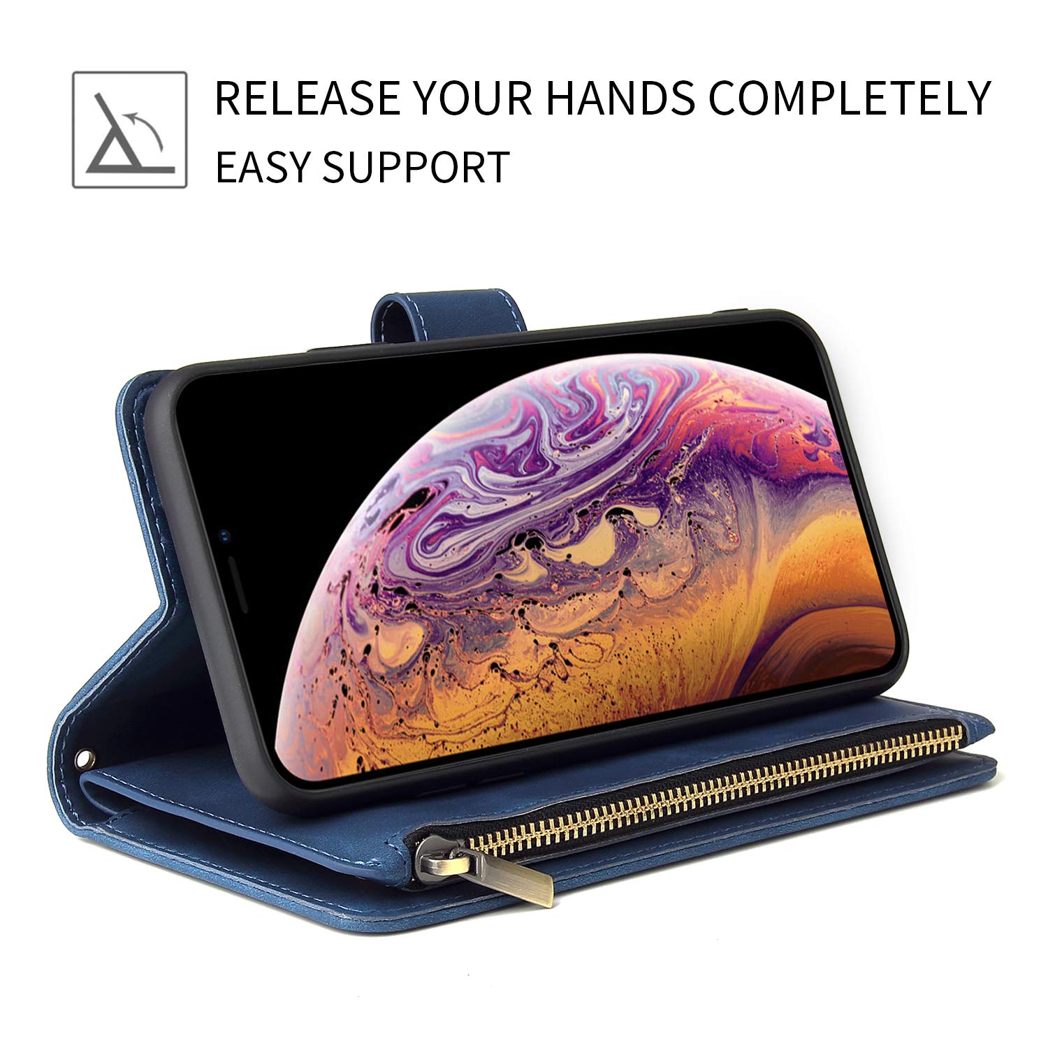 Premium PU Leather Wallet Case for Samsung Galaxy S9 Plus - Magnetic Closure, Zipper Pocket, Kickstand & Card Slots with Hand Strap | Stylish Flip Phone Case for Women | Perfect for Work, Travel & Everyday Use