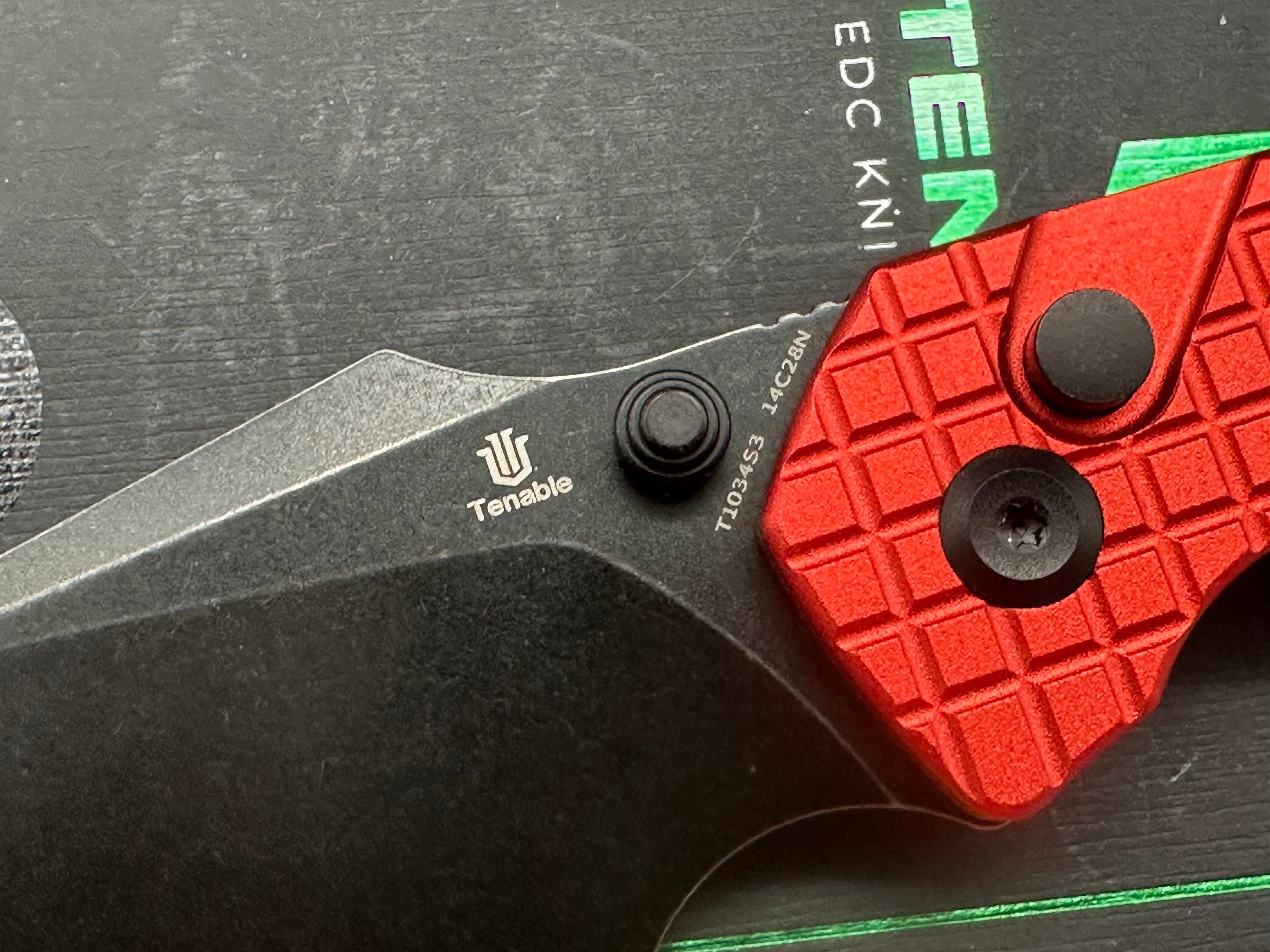 Tenable Button Lock Fenrir Dark Red Aluminum Folding Knife with Frag Pattern & Black Handle - EDC, Outdoor Survival, Camping, Hunting, and Tactical Use