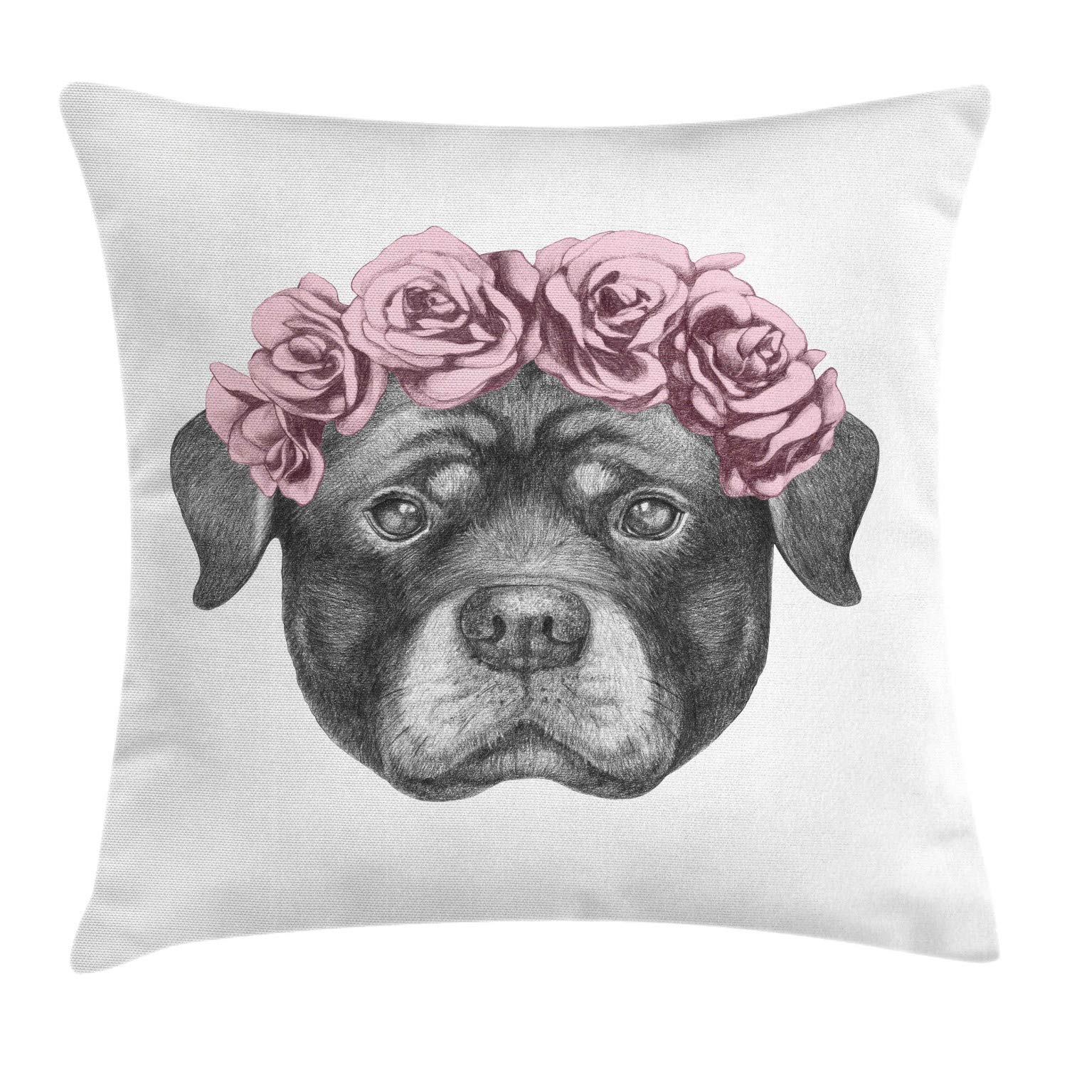 Ambesonne Rottweiler Dog Throw Pillow Cover 24x24 Inches - Floral Crown Portrait Square Cushion Case in Rose & Grey - Home Decor for Living Room, Bedroom, Sofa