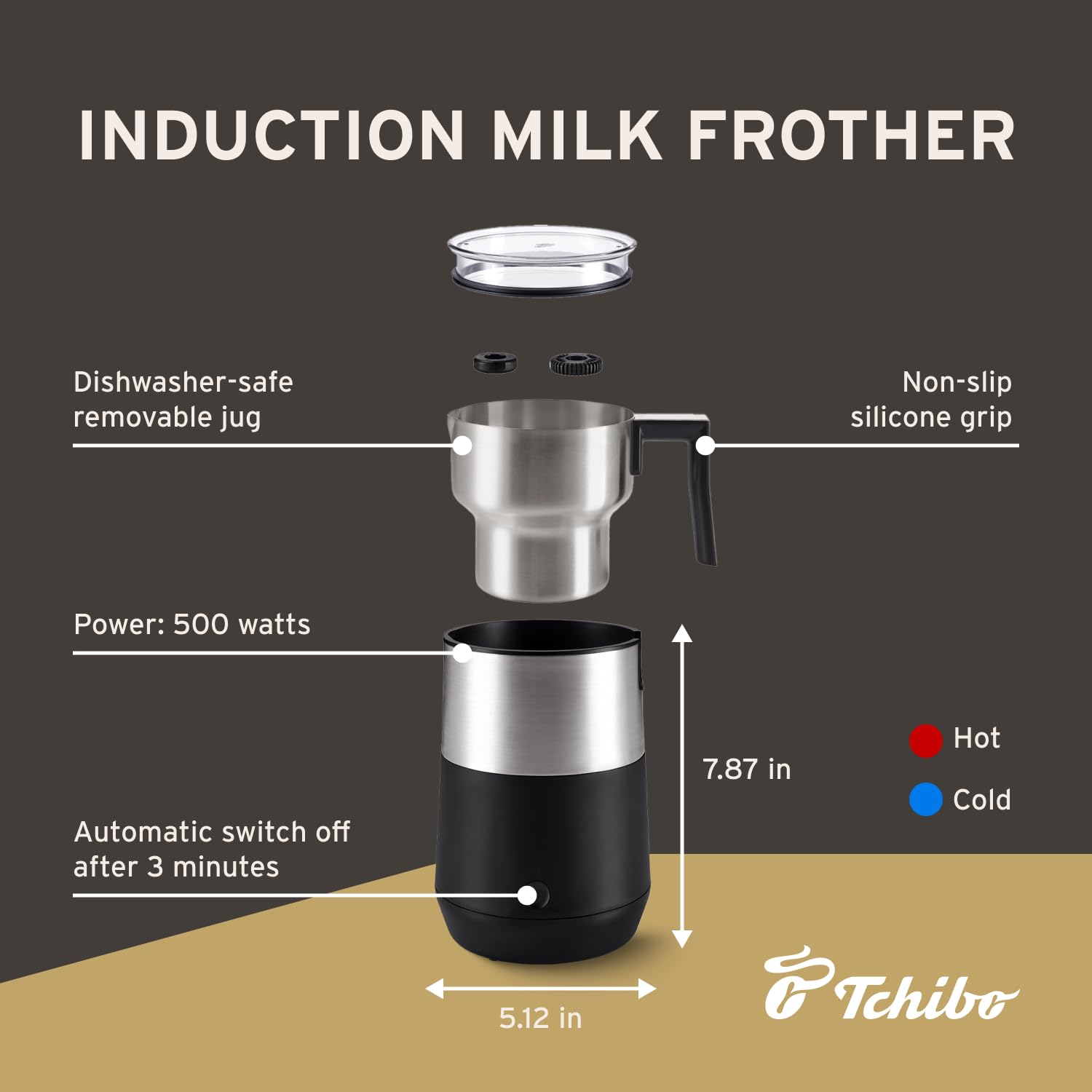 Tchibo Electric Milk Frother 16.9 oz for Coffee, Hot & Cold Milk - Touch Button, Auto Shut-Off, Dishwasher Safe - Perfect for Lattes, Cappuccinos & Hot Chocolate at Home or Office