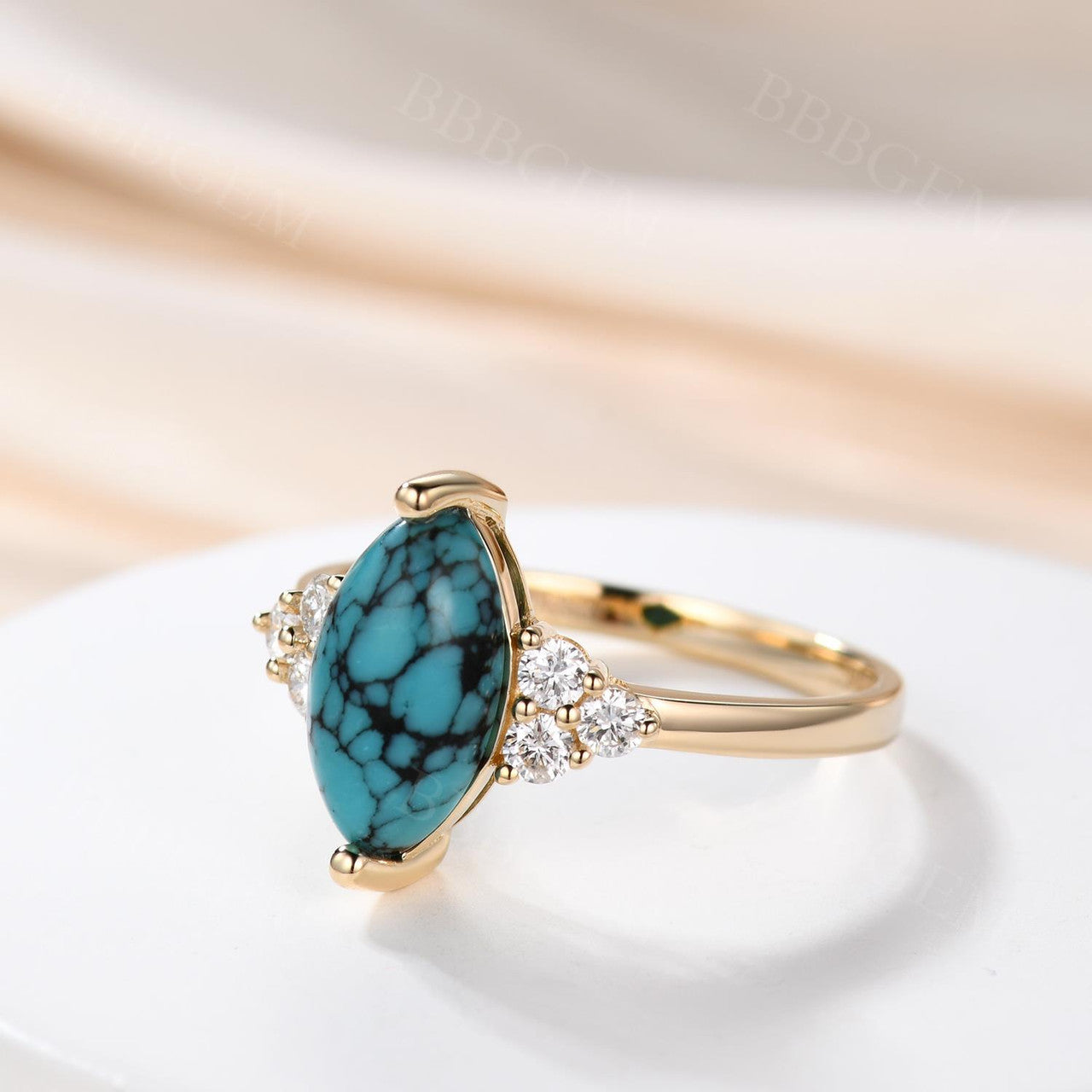 Marquise Turquoise Engagement Ring with Three Diamond Side Stones in 14k Gold Band - Perfect for Proposals, Weddings & Anniversary Gifts