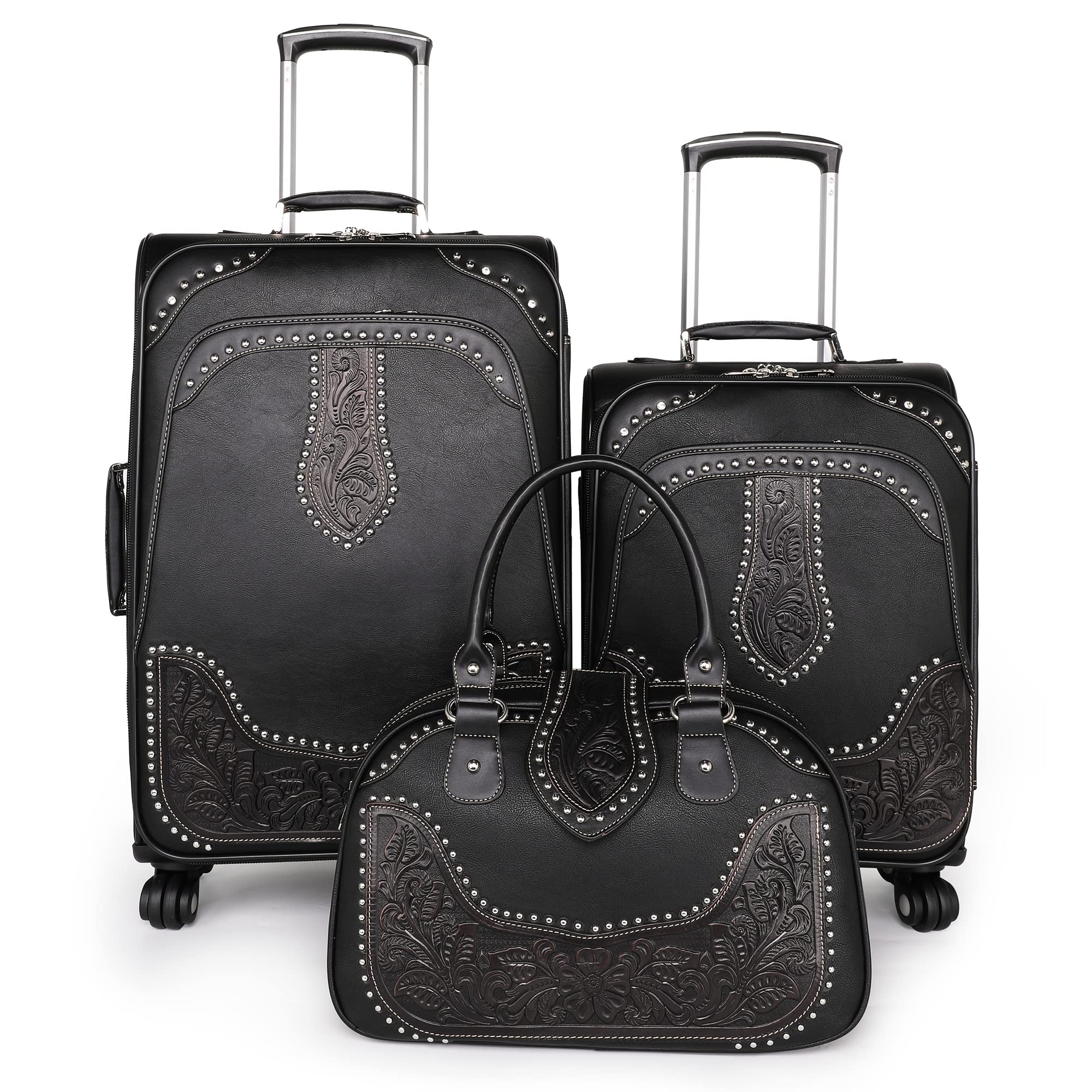Montana West Western Tooled 3-Piece Luggage Set - Vegan Leather Embossed Suitcase with Spinner Wheels, Carry-On & Duffle Bag for Travel (Black) - Perfect for Business Trips, Vacations & Airplane Carry-Ons