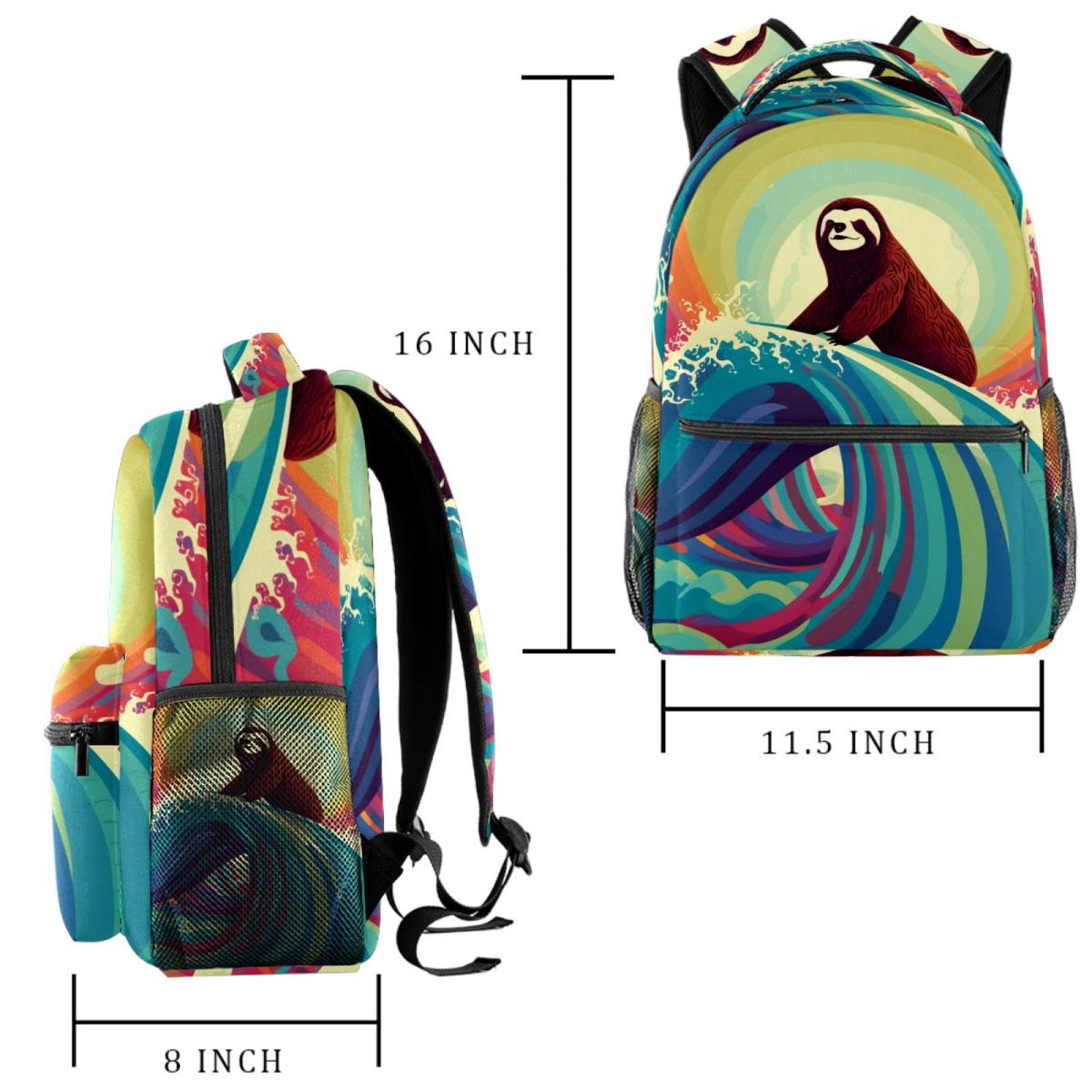 Stylish Travel Backpack for Women & Men - Abstract Wave Sloth Surfing Design - Lightweight Durable Carry-On Backpack for Commuting, College, Hiking & Travel Adventures