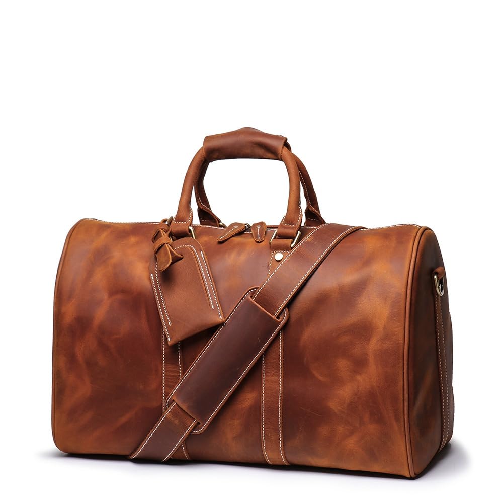 Premium Genuine Leather Men's Travel Duffle Bag - Cowhide Shoulder Bag for Gym, Sports, Weekend & Overnight Trips - Carry On Luggage (18 Inch, Brown) - Perfect for Business Travel, Workout & Outdoor Adventures