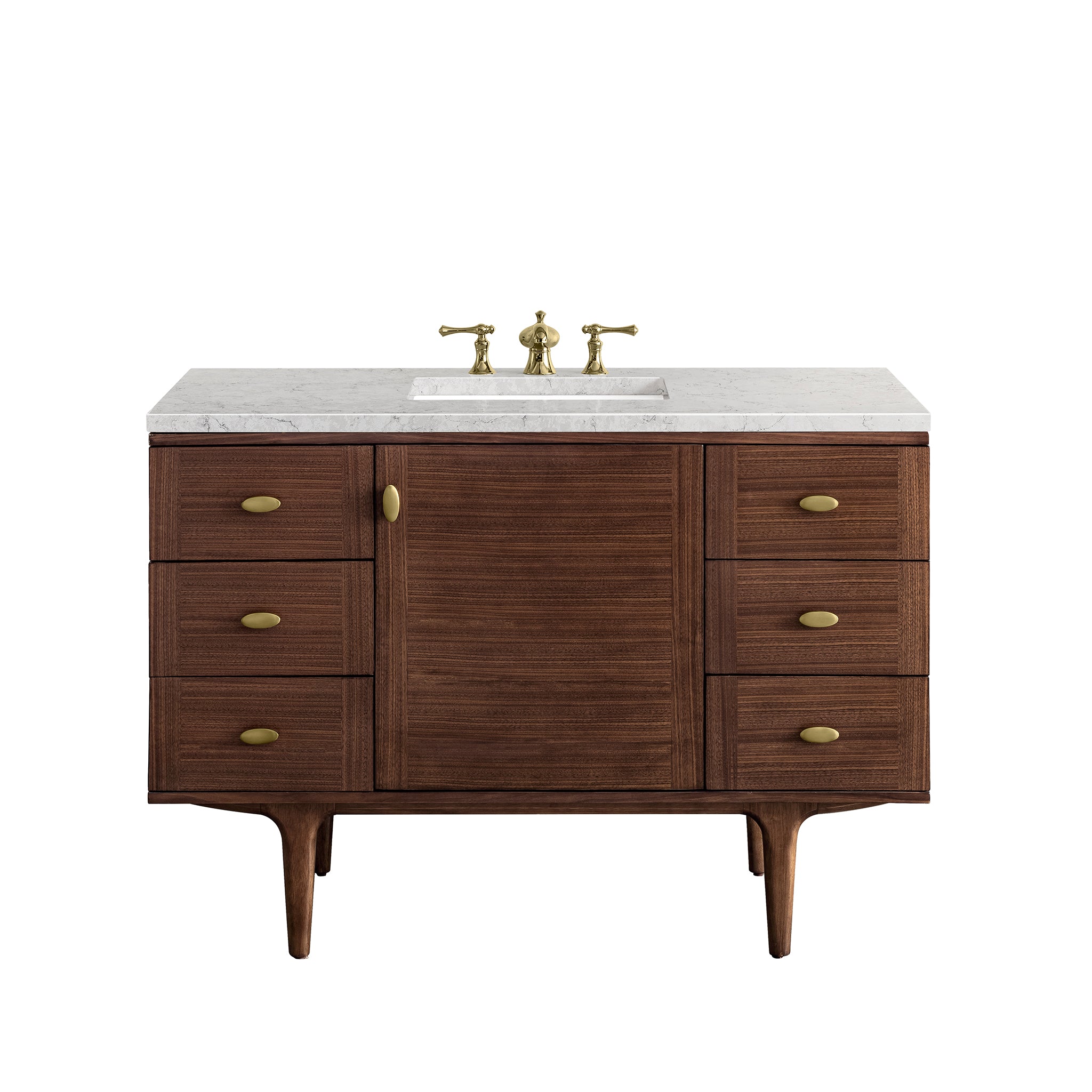 Amberly 48 Inch Single Bathroom Vanity with Mid Century Walnut Finish & 3CM Eternal Jasmine Pearl Top - Perfect for Modern and Vintage Bathroom Decor