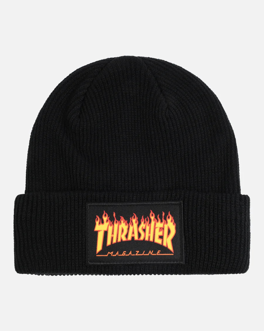 Thrasher Flame Patch Beanie - Black Skull Cap for Men & Women - Winter Warm Knit Hat for Skateboarding, Snowboarding & Streetwear Fashion