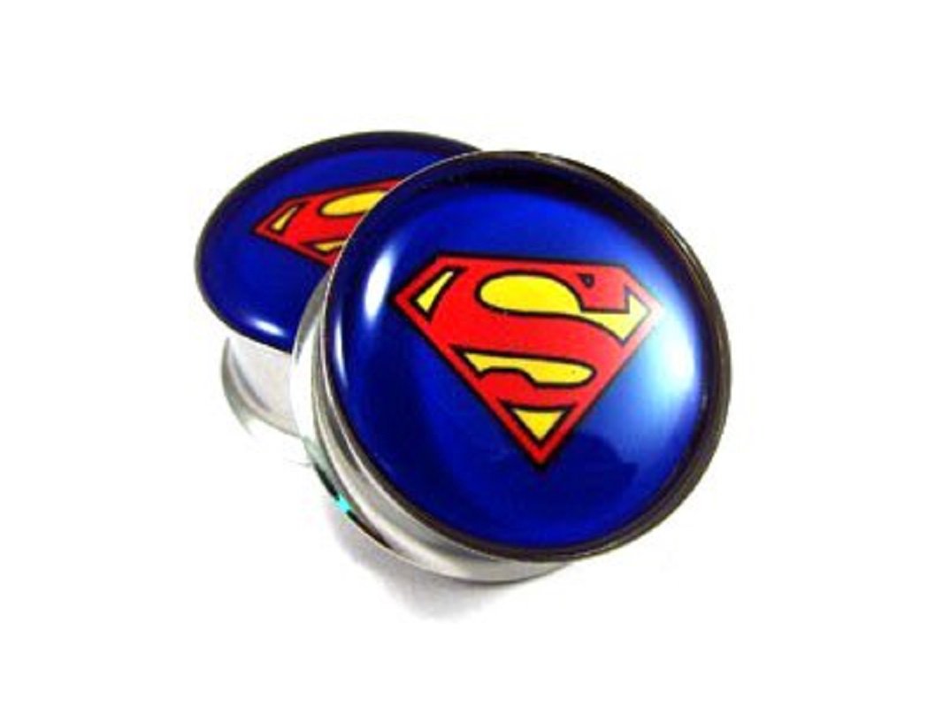 Superman Screw-on Plugs - 316L Surgical Steel Nickel-Free Ear Gauges (1 Pair) - Multiple Colors Available - Perfect for Cosplay, Costume Parties & Superhero Fans