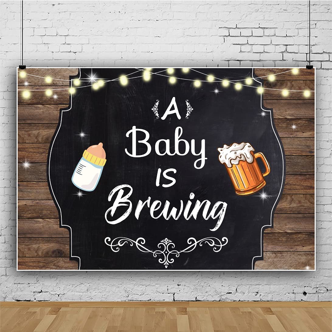 Laeacco 8x6ft Vintage Wooden Baby Shower Backdrop - 'A Baby is Brewing' Theme with Cute Baby Bottles & Beer Cheers Design - Perfect for Birthday Parties, Portrait Photography, and Studio Props (Black Background)