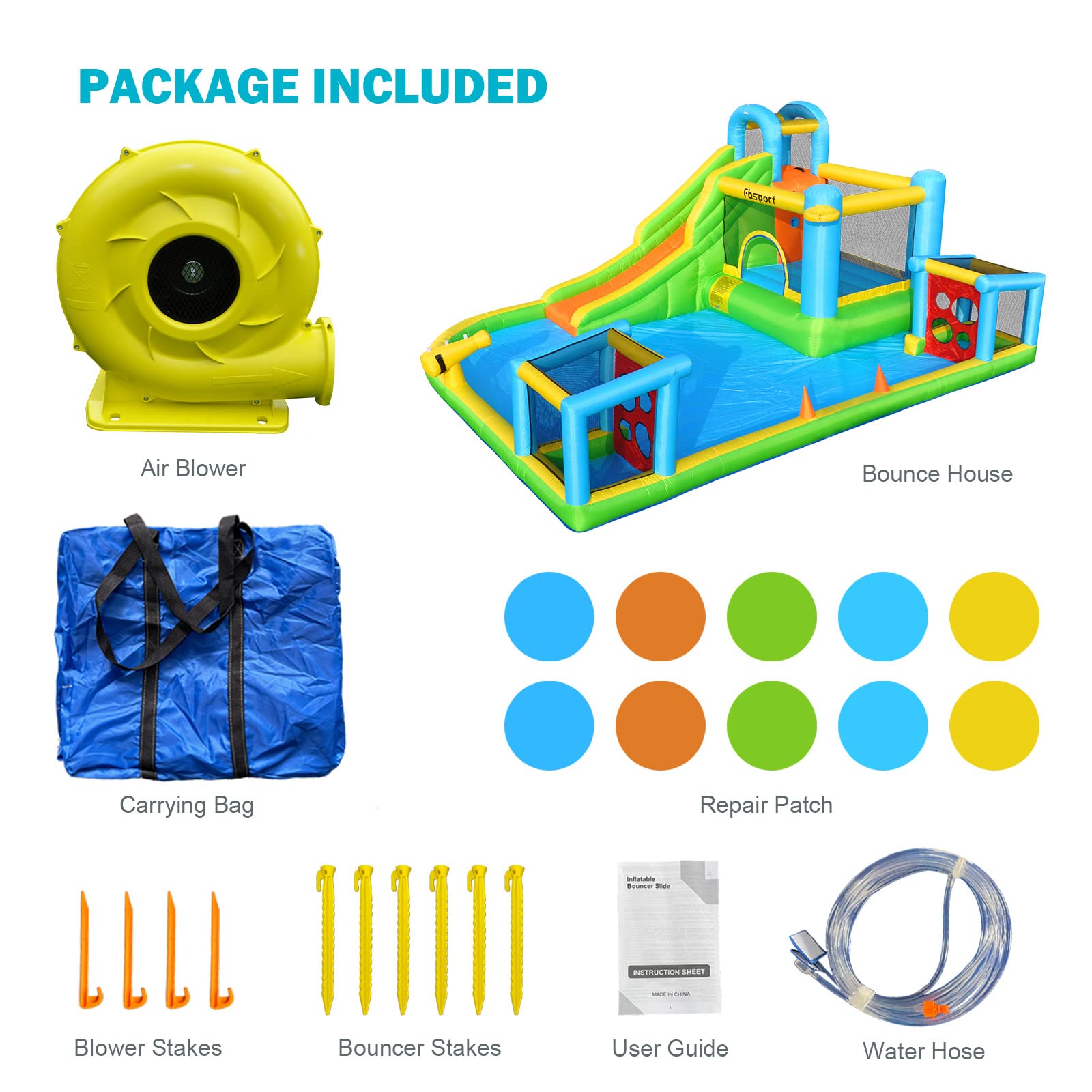 FBSPORT Inflatable Bounce House with Water Slide - 9-in-1 Kids Bouncy Castle for Indoor & Outdoor Play | Includes Blower, Football Shooting Game, Water Gun, Splash Pool & Bounce Area | Perfect for Birthday Parties, Backyard Fun & Summer Water Activities