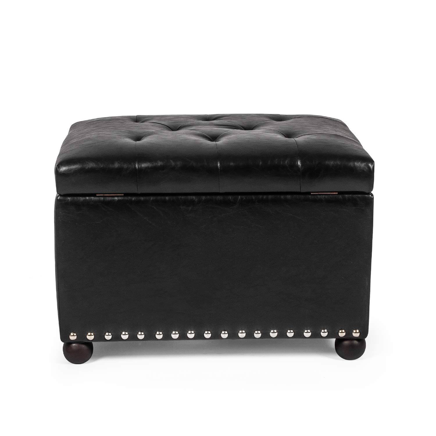 Black Rectangular Faux Leather Storage Ottoman with Nailhead Trim & Sturdy Wood Frame - Footrest, Coffee Table & Hidden Storage for Living Room, Bedroom or Office