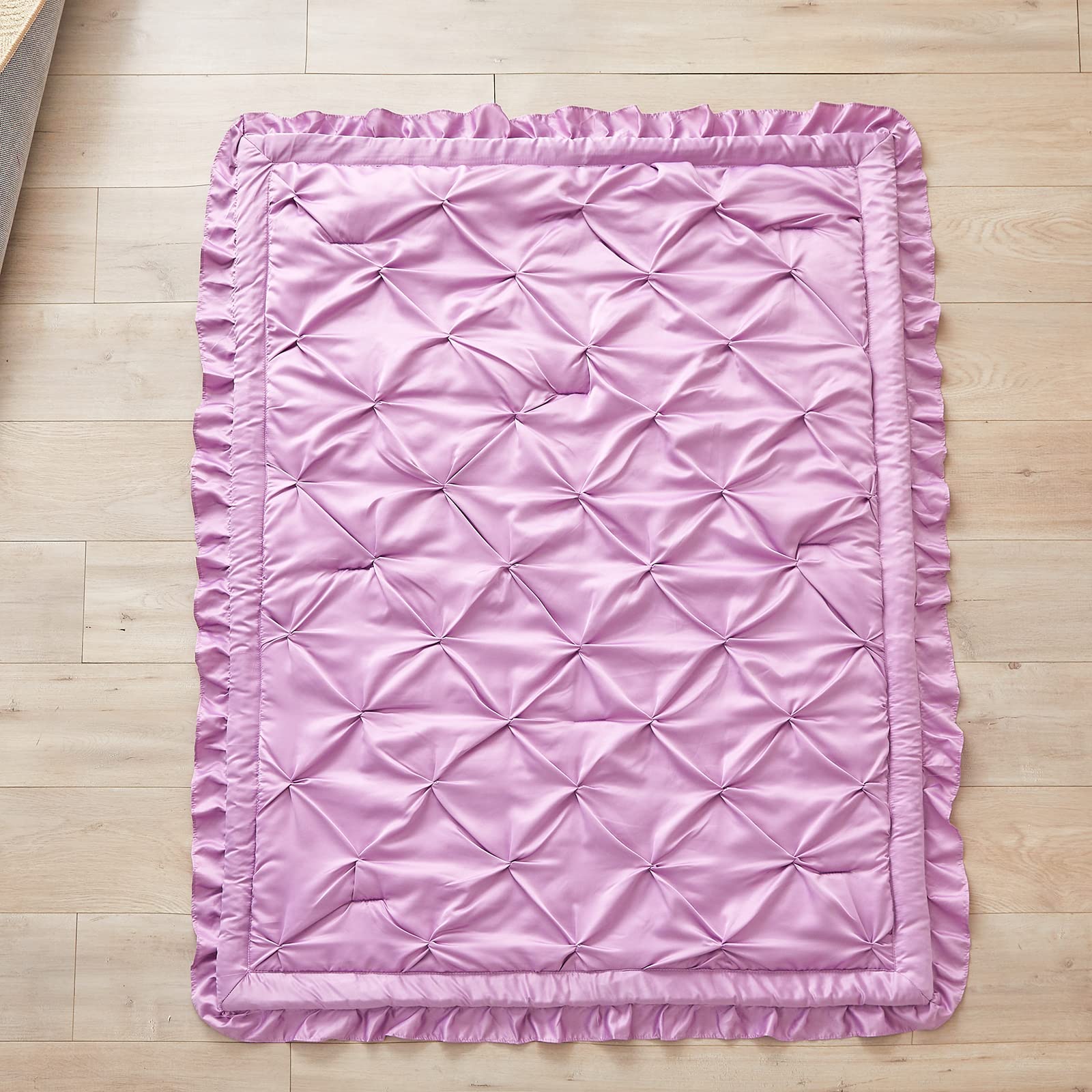 4-Piece Pinch Pleated Toddler Bedding Set with Ruffle Fringe - Solid Purple Unisex Pintuck Crib Sheets for Baby Boys & Girls (Comforter, Flat Sheet, Fitted Sheet, Pillowcase) - Soft Nursery Bedding for Cozy Sleep & Playtime