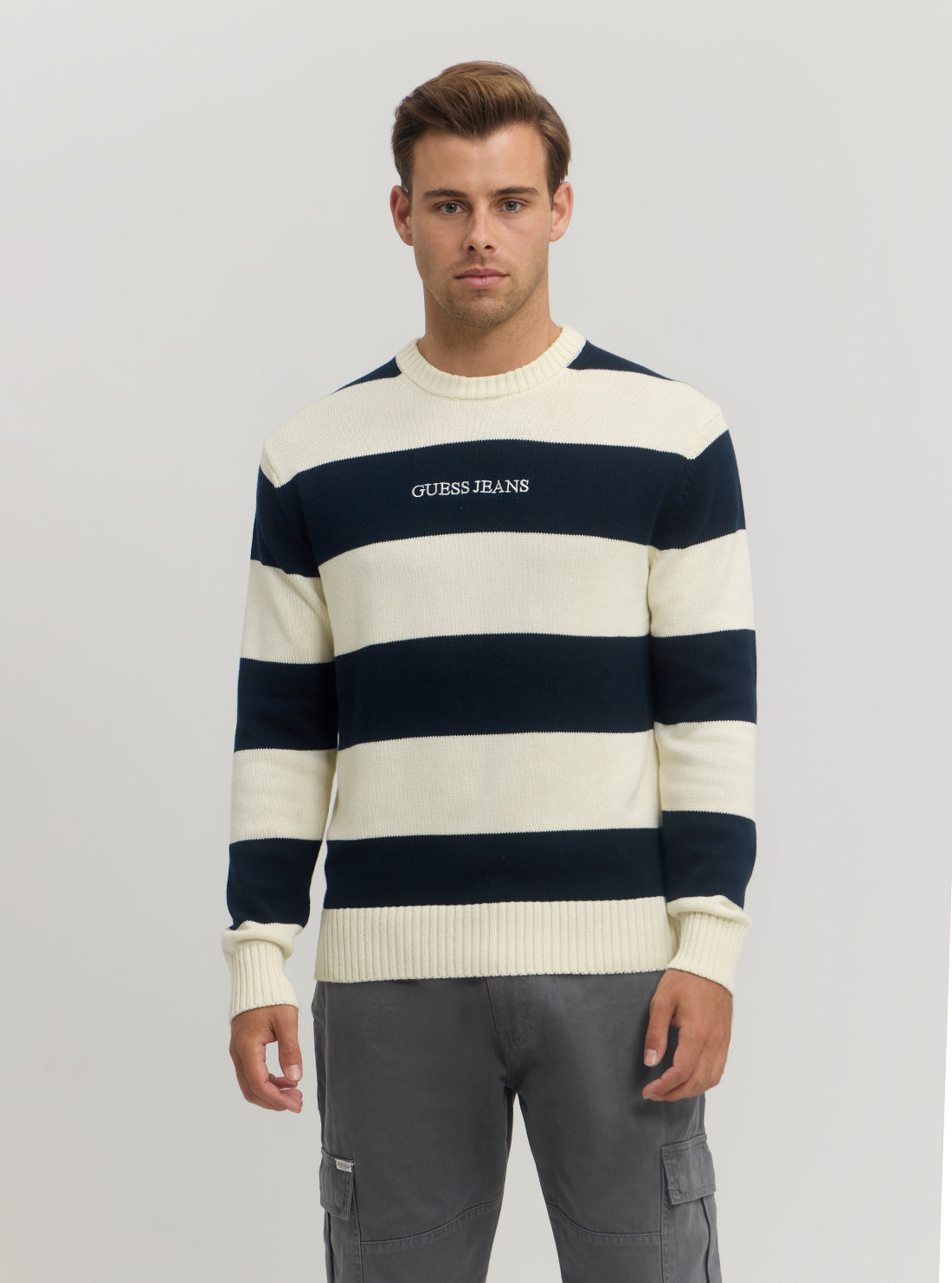 Guess Women's Navy Striped Knit Sweater Jumper - Casual Pullover for Fall & Winter | Perfect for Office, Date Night and Weekend Outfits