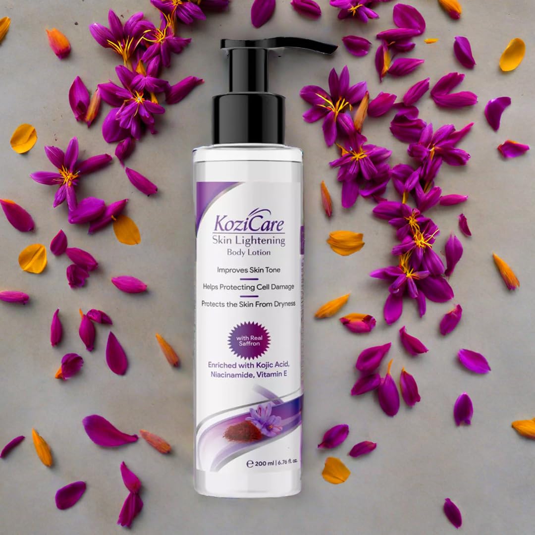 Kozicare Saffron Body Lotion with Shea Butter, Niacinamide & Kojic Acid - Moisturizing Cream for Dry Skin, Reduces Flakiness & Nourishes for Soft, Supple Skin - 200ml | Perfect for Daily Hydration & Nighttime Skin Care Routine