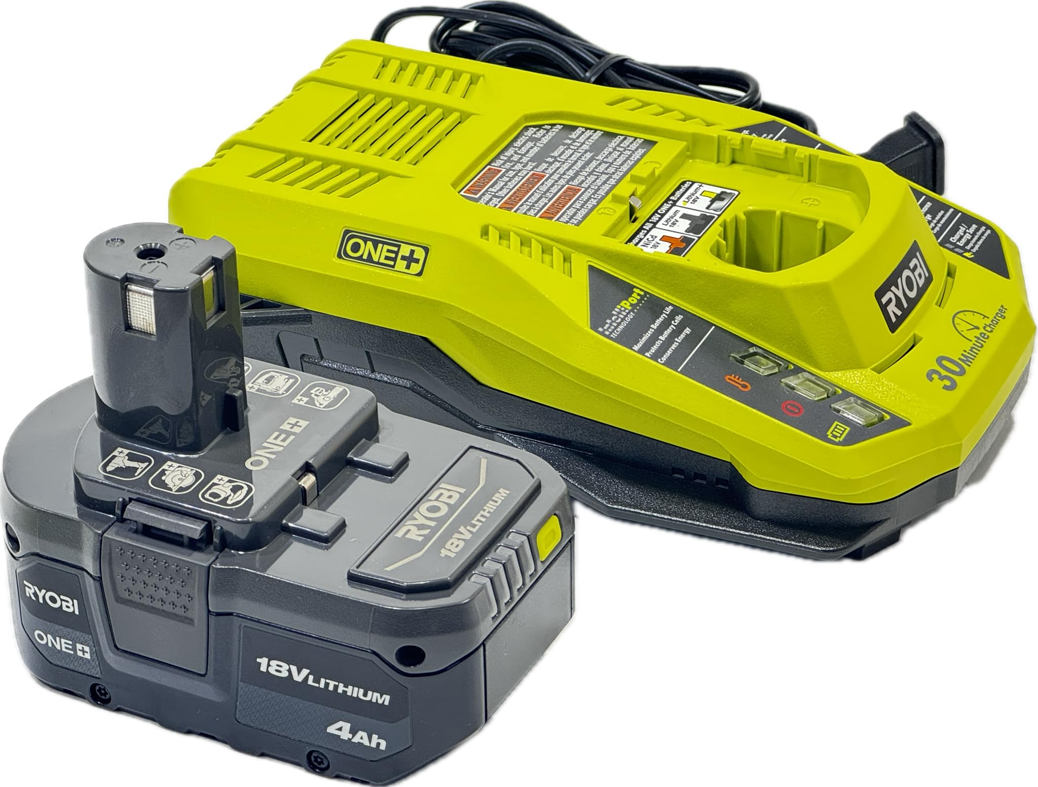 Ryobi P108 One+ 18V 4.0AH Lithium Ion Battery & P117 Dual Chemistry Charger Combo - Compatible with Ryobi 18V Power Tools for DIY Projects, Home Improvement, and Professional Use