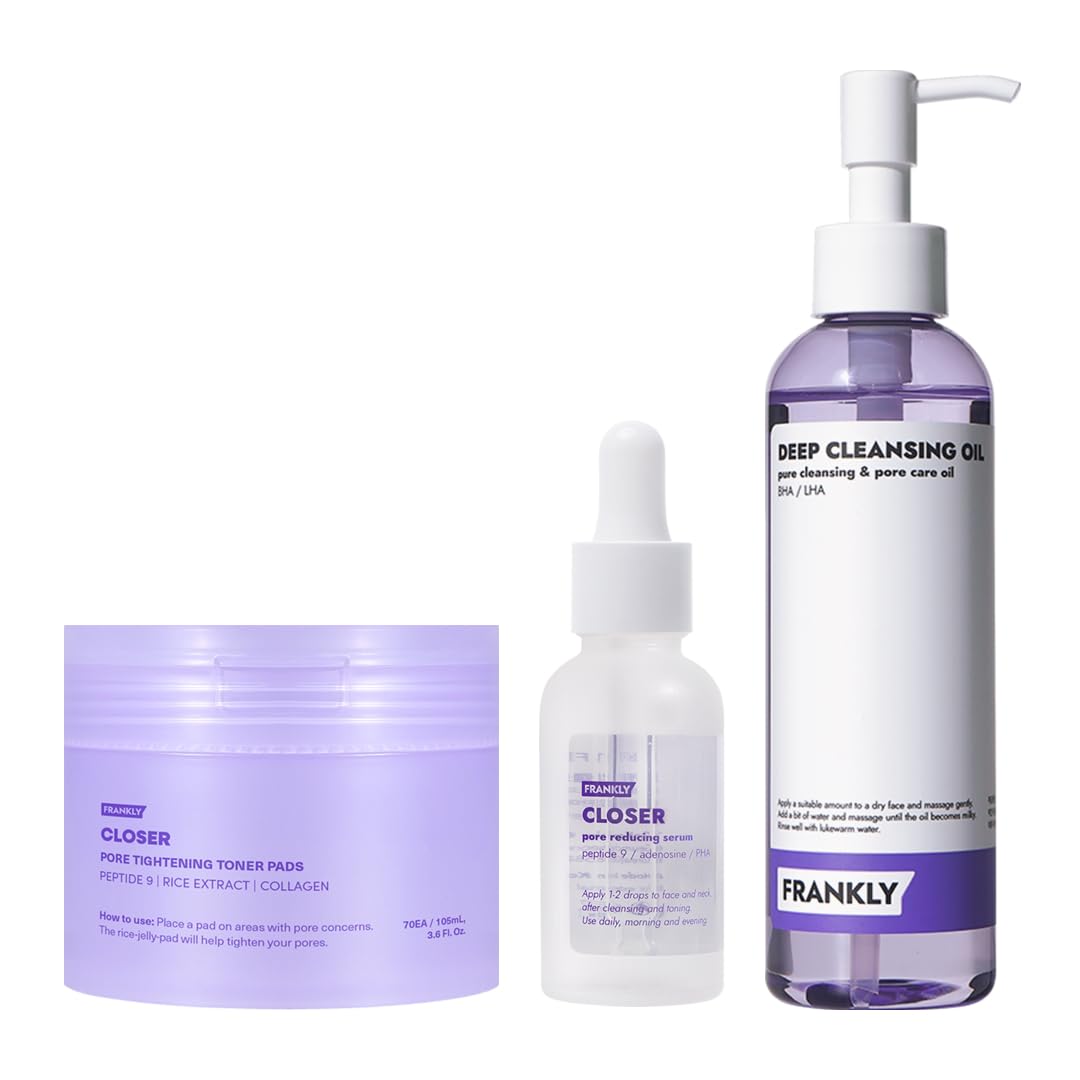 FRANKLY Pore Perfecting Set: Closer Serum, Toner Pads & Cleansing Oil | Deep Cleansing, Hydration & Pore Refining Skincare | Vegan, Fragrance-Free for Sensitive, Oily & Acne-Prone Skin | Korean Beauty Routine | Perfect for Daily Skincare & Nighttime Routine