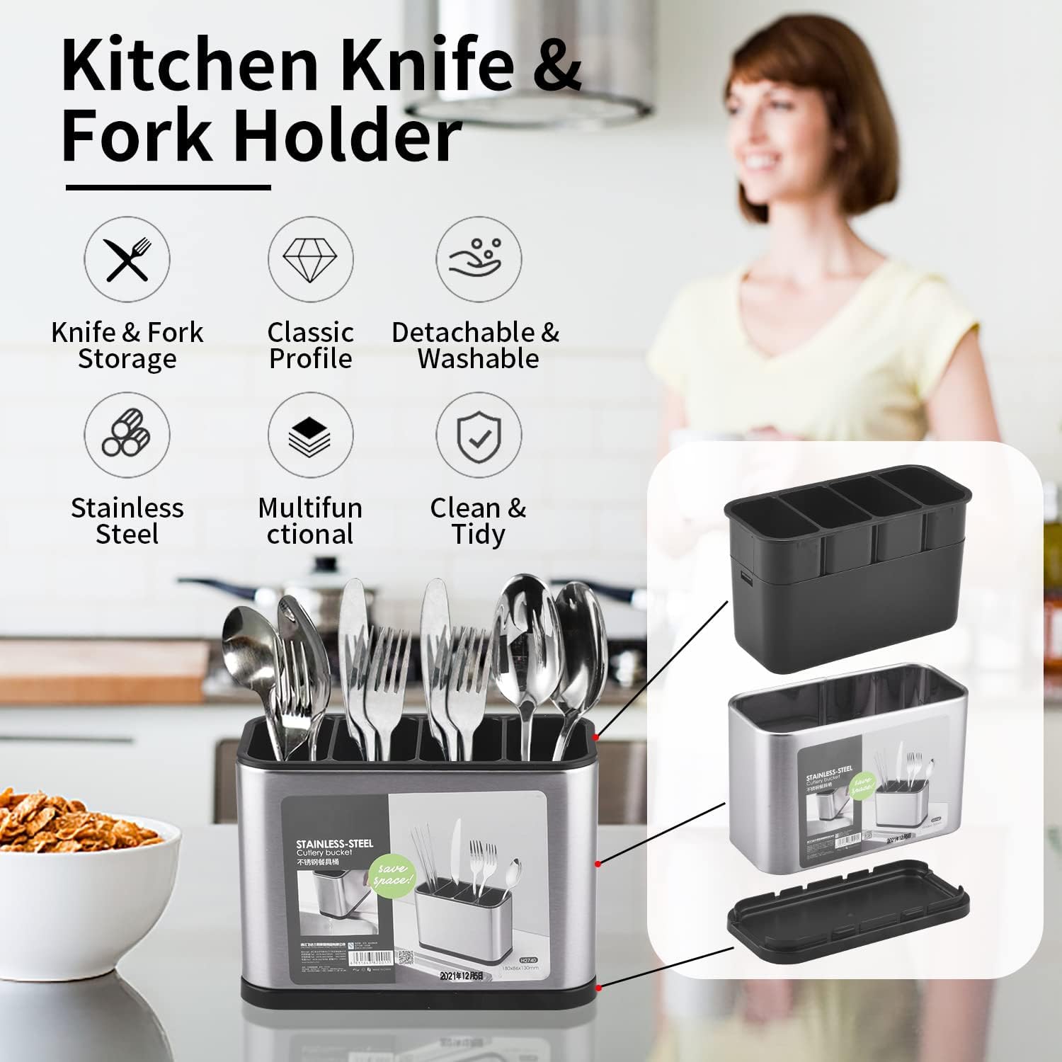 Stainless Steel Kitchen Sink Cutlery Holder & Flatware Organizer - Multifunctional Utensil Caddy with Sponge Storage & Chopstick Cage | Perfect for Countertop Organization & Dishwashing Accessories Storage