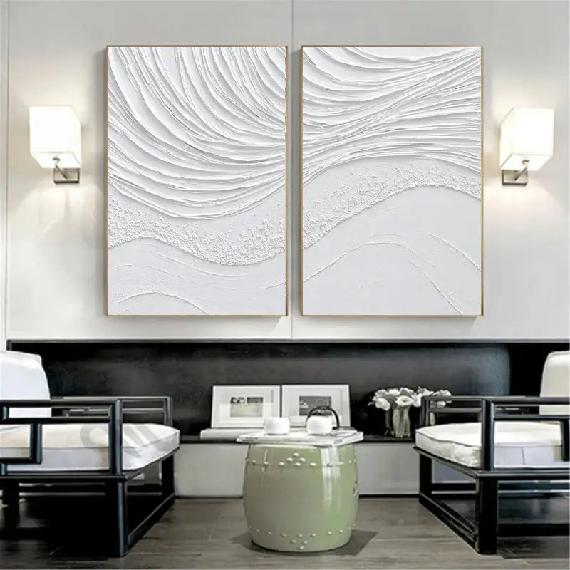 Modern White Minimalist Textured Canvas Wall Art Set of 2 - Abstract Handmade Paintings for Living Room, Bedroom & Office Decor | #MM062
