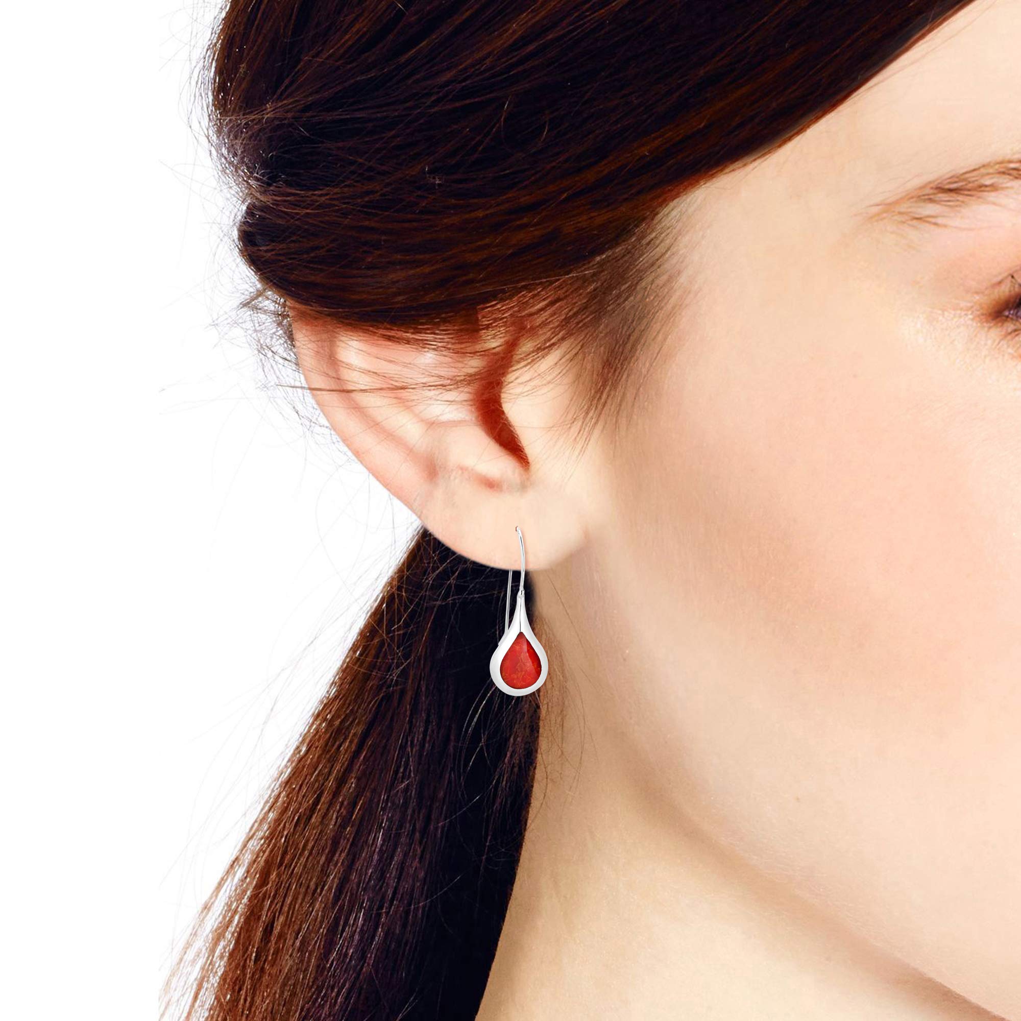 AeraVida .925 Sterling Silver Dangle Earrings with Reconstructed Red Coral Inlay - Elegant Boho Statement Jewelry for Women | Perfect for Parties, Weddings & Everyday Wear
