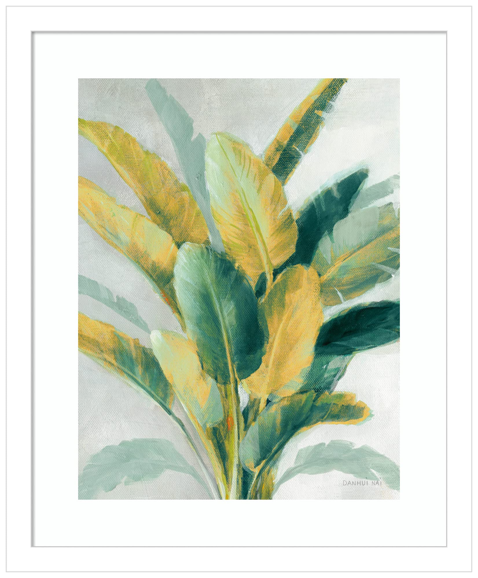Danhui Nai Greenhouse Palm II Teal Green & Gold Framed Wall Art Print - 14x17 Inches, White Wood Frame - Tropical Home Decor for Living Room, Bedroom & Office