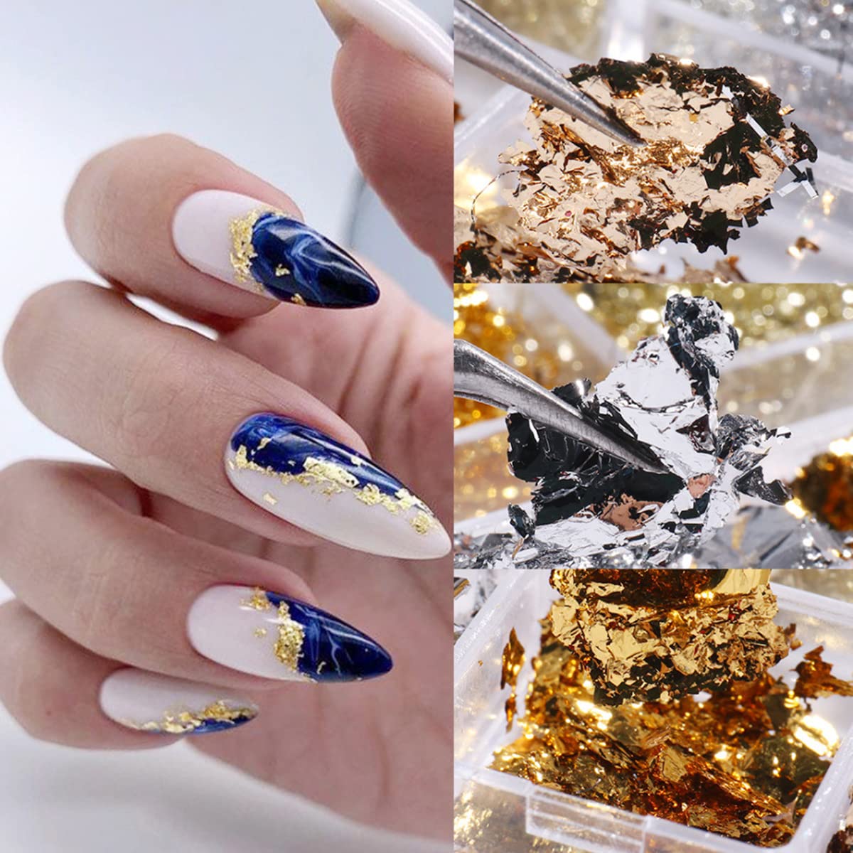 Holographic Glitter Nail Art Foil Flakes - 3D Sparkly Aluminum Foil Sequins for Nail Designs - Gold & Silver Irregular Strip Glitter for Acrylic Nails (6 Grids) - Perfect for Salon, DIY Manicure & Nail Art Enthusiasts